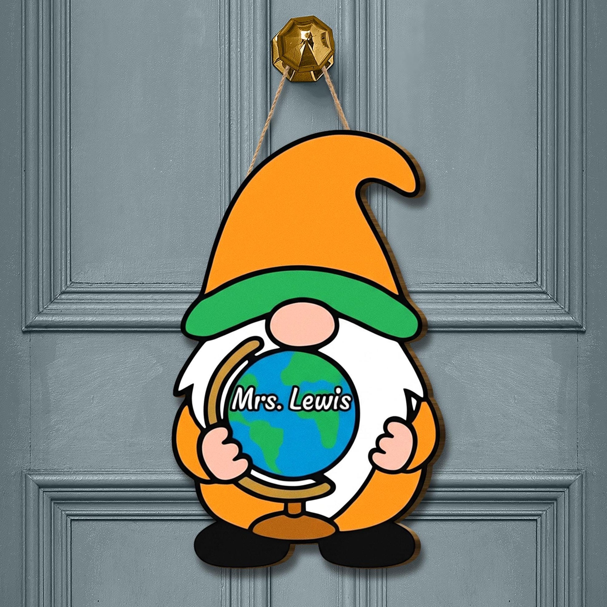 Teacher Gnome Door Hanger, Custom Classroom Sign, World Globe Teacher Decor, Personalized Back to School Door Sign