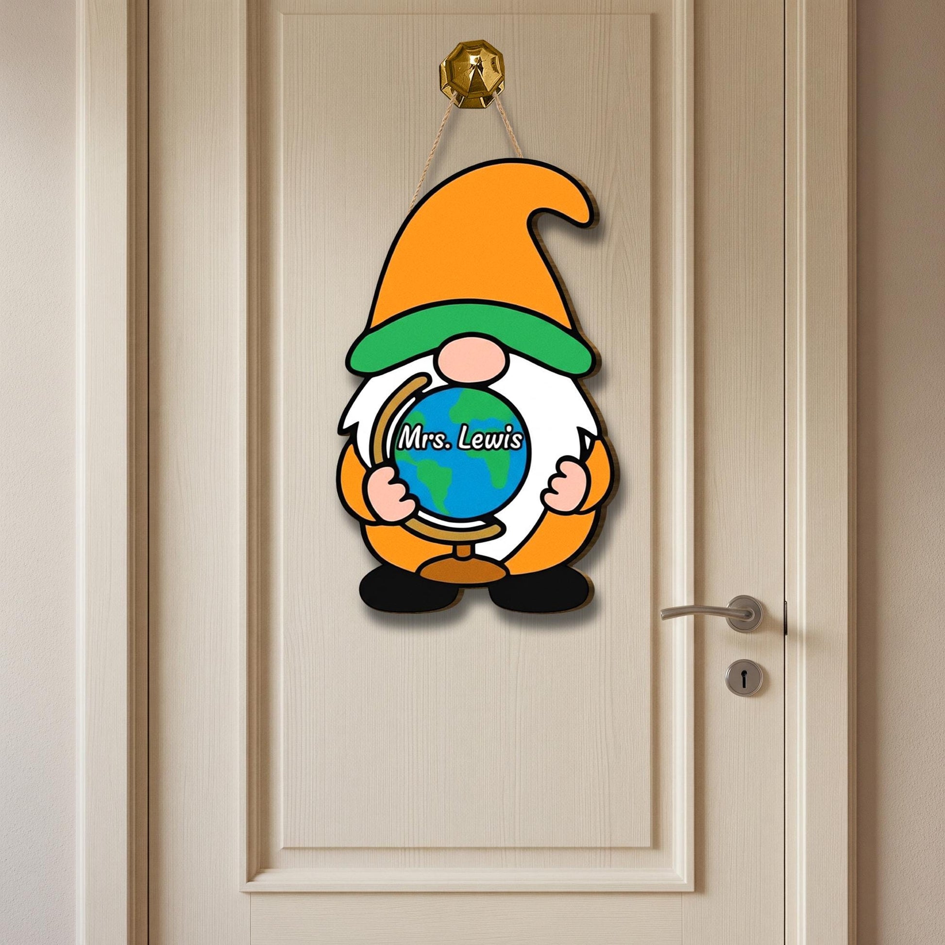 Teacher Gnome Door Hanger, Custom Classroom Sign, World Globe Teacher Decor, Personalized Back to School Door Sign