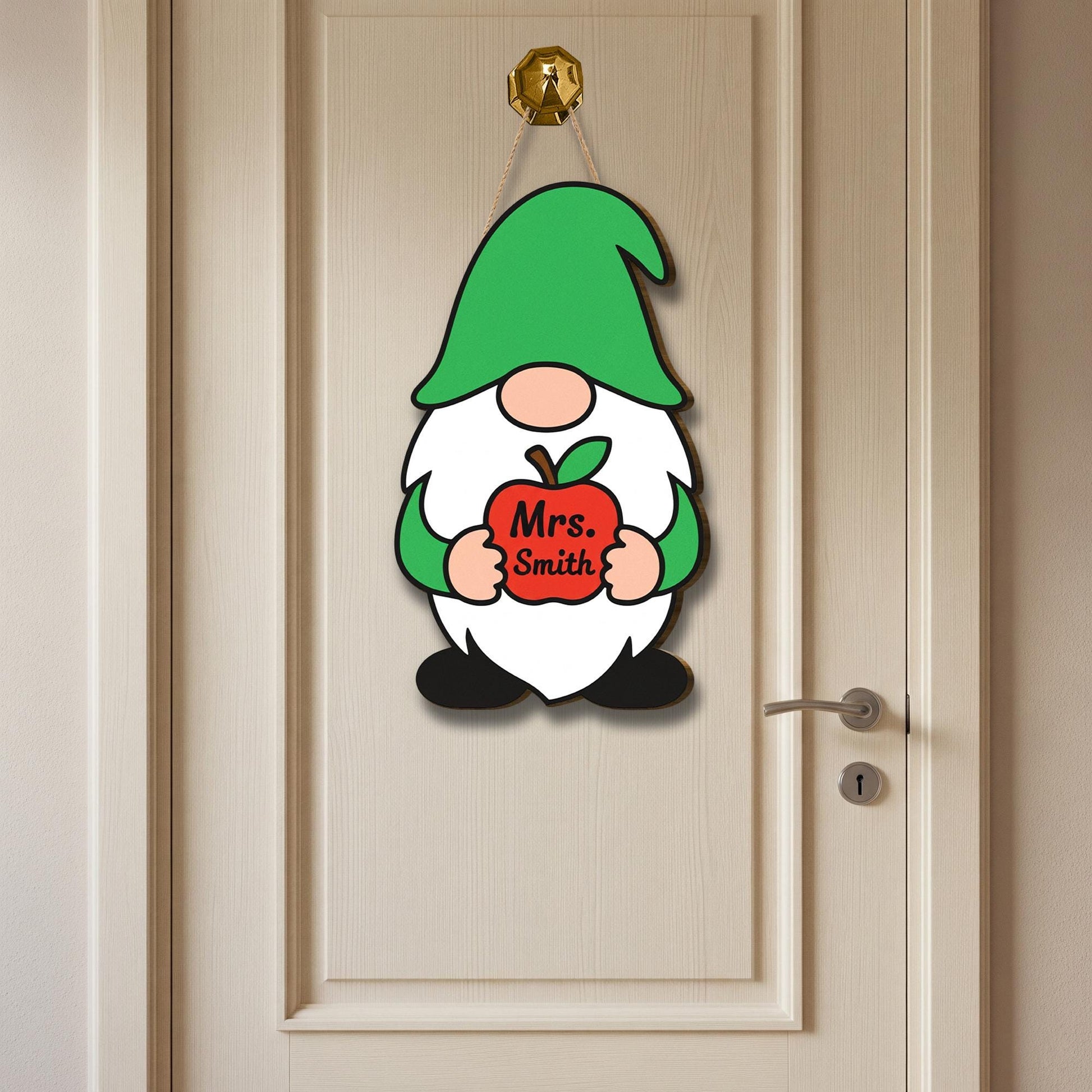 Teacher Gnome Door Hanger, Apple Classroom Decor, Personalized Name Sign, Custom Teacher Gift, Back to School Door Sign