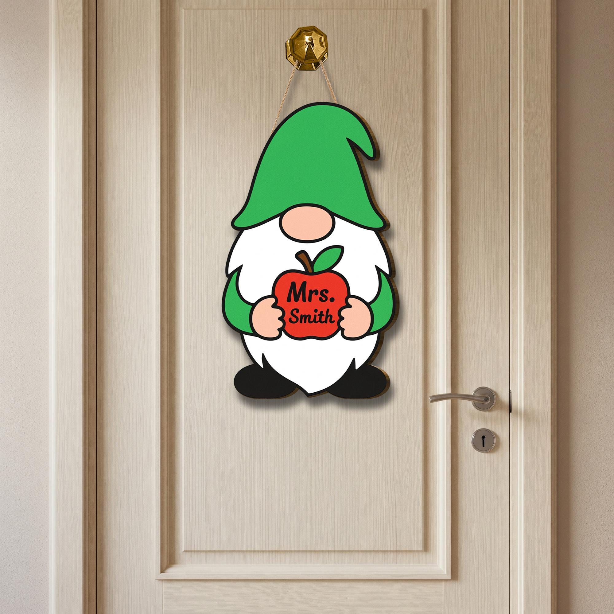 Teacher Gnome Door Hanger, Apple Classroom Decor, Personalized Name Sign, Custom Teacher Gift, Back to School Door Sign