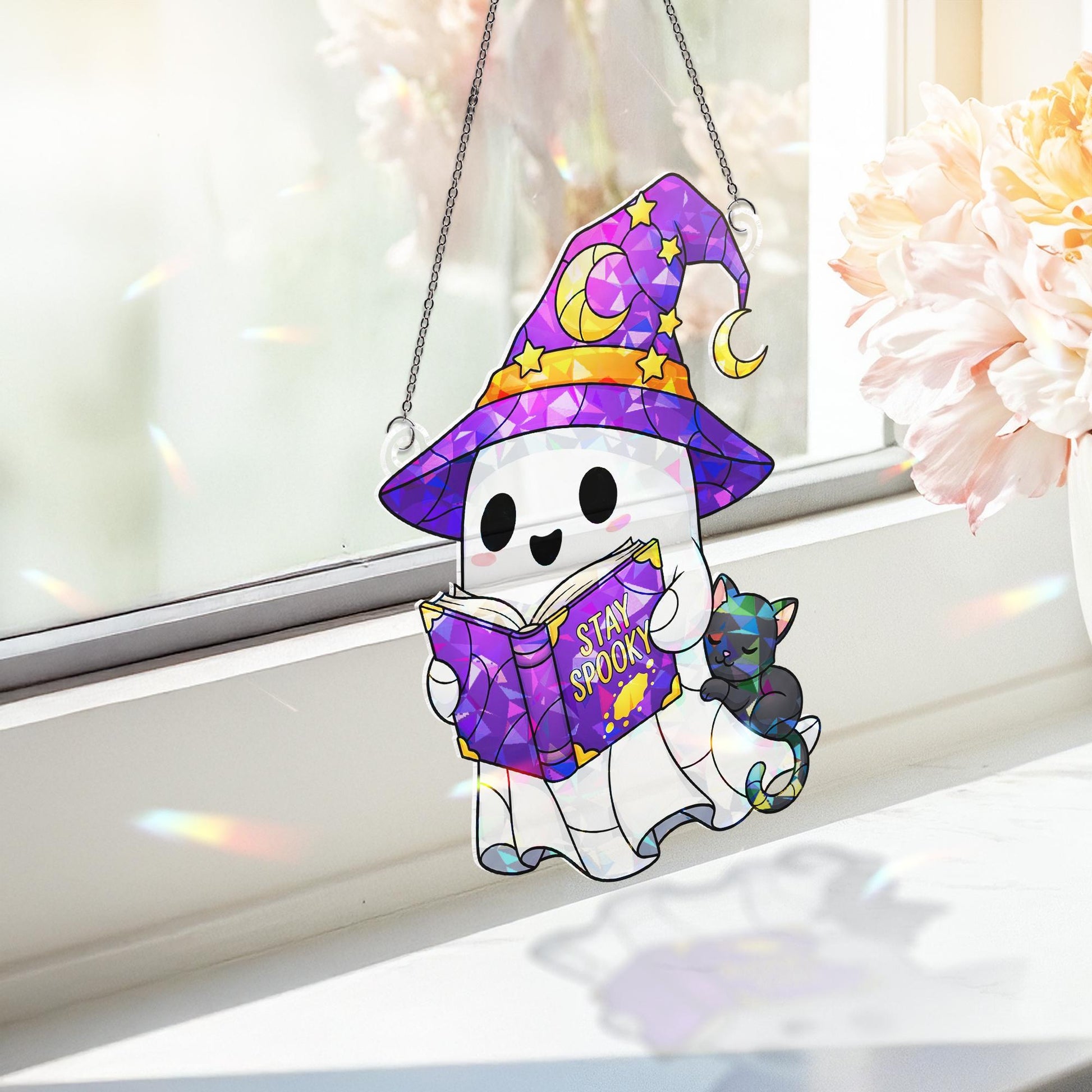 Cute Ghost Suncatcher, Stay Spooky Stained Glass Ghost and Cat, Witchy Book Lover Window Hanging, Kawaii Halloween Decor