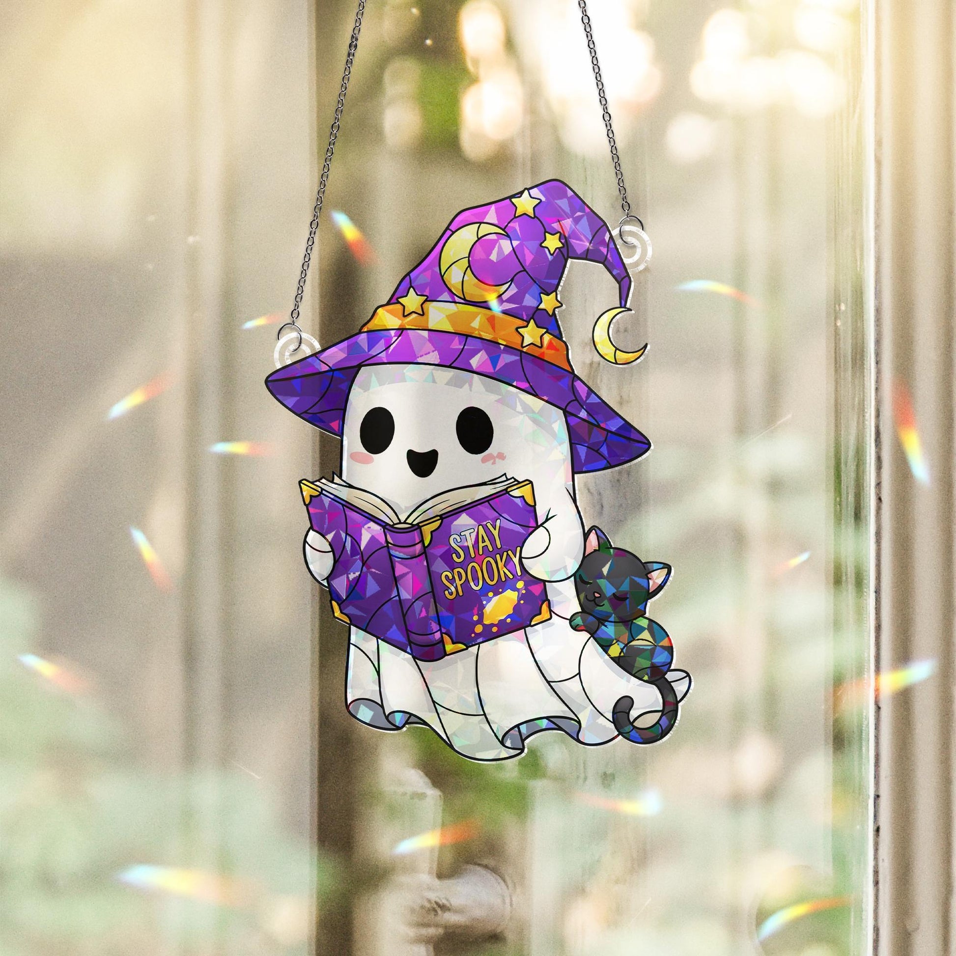 Cute Ghost Suncatcher, Stay Spooky Stained Glass Ghost and Cat, Witchy Book Lover Window Hanging, Kawaii Halloween Decor