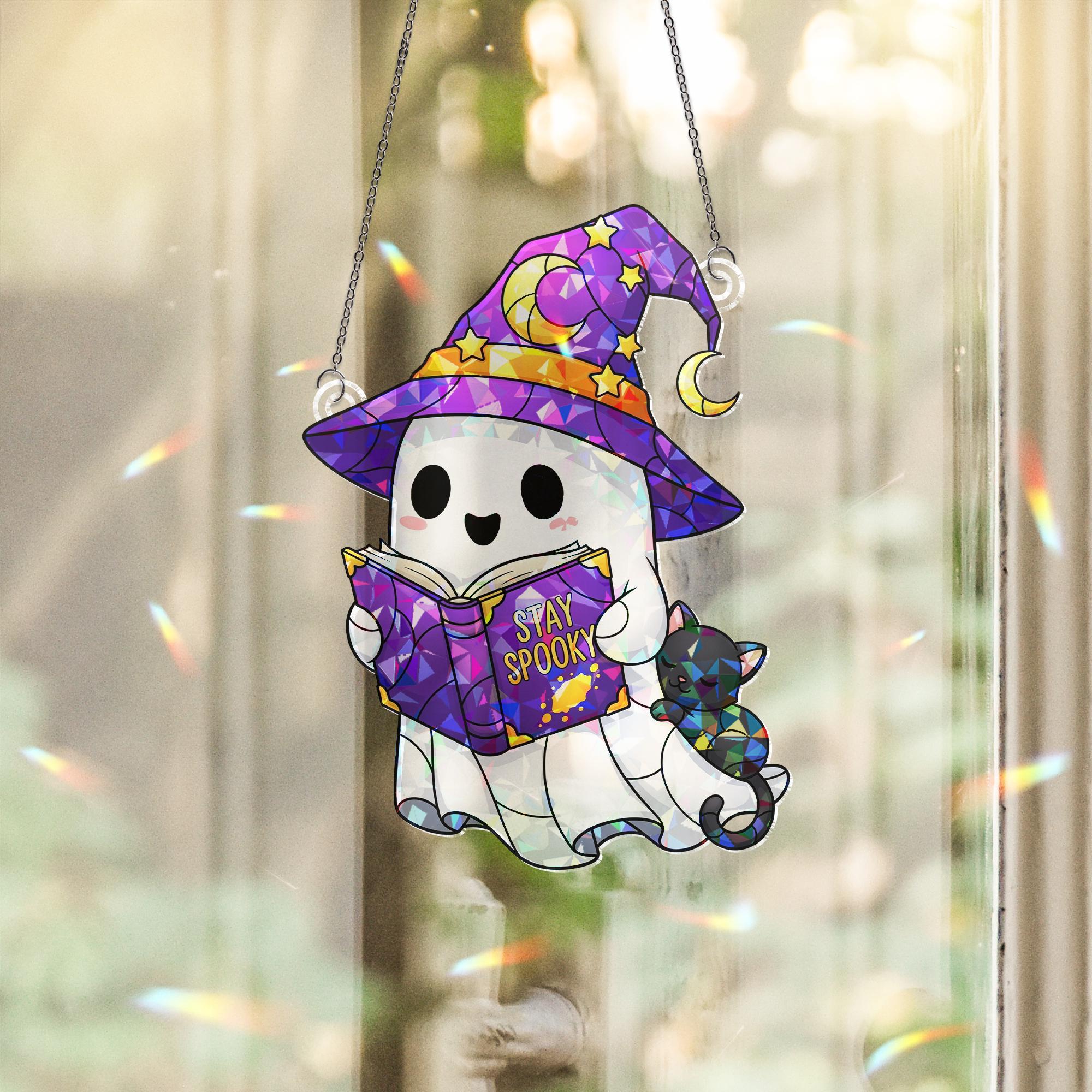 Cute Ghost Suncatcher, Stay Spooky Stained Glass Ghost and Cat, Witchy Book Lover Window Hanging, Kawaii Halloween Decor