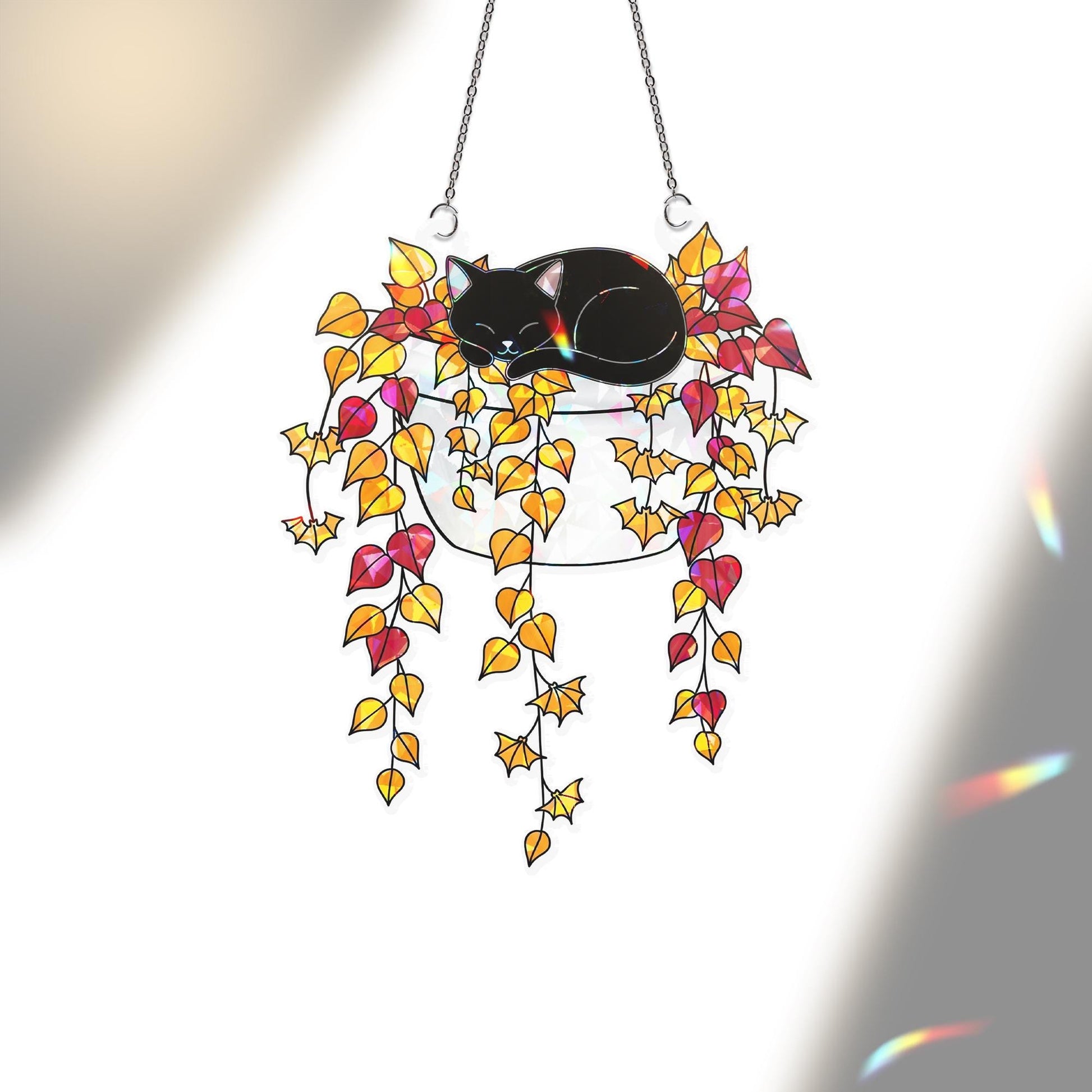 Holographic Black Cat Window Hanging, Fall Leaves Faux Glass Suncatcher, Autumn Cat Decor, Cute Cat Lover Gift, Boho Sun Catcher