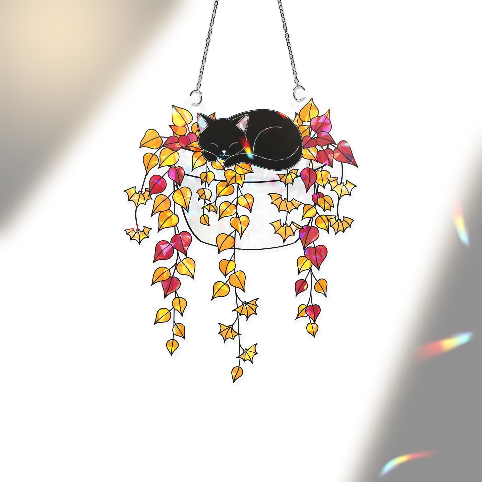 Holographic Black Cat Window Hanging, Fall Leaves Faux Glass Suncatcher, Autumn Cat Decor, Cute Cat Lover Gift, Boho Sun Catcher