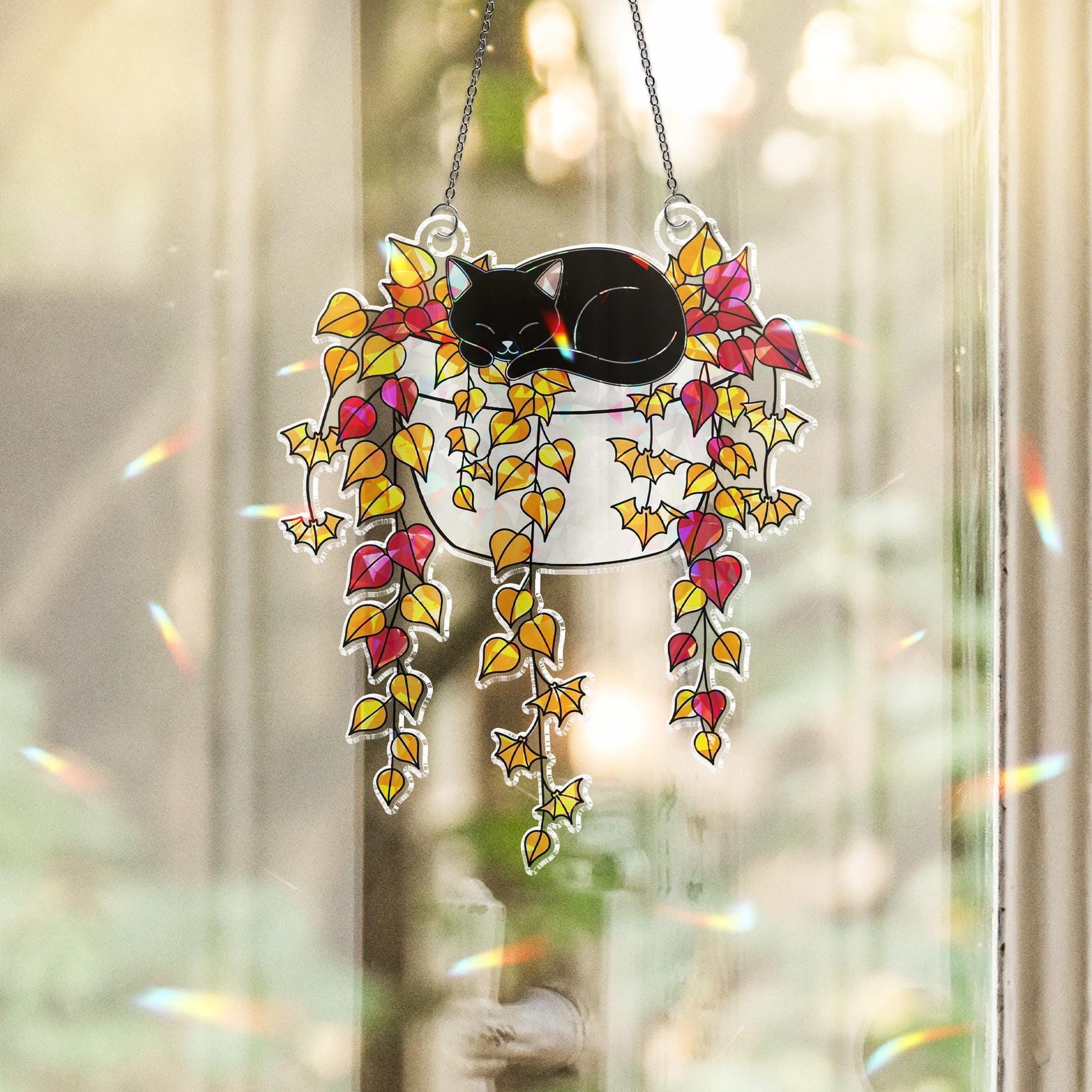 Holographic Black Cat Window Hanging, Fall Leaves Faux Glass Suncatcher, Autumn Cat Decor, Cute Cat Lover Gift, Boho Sun Catcher