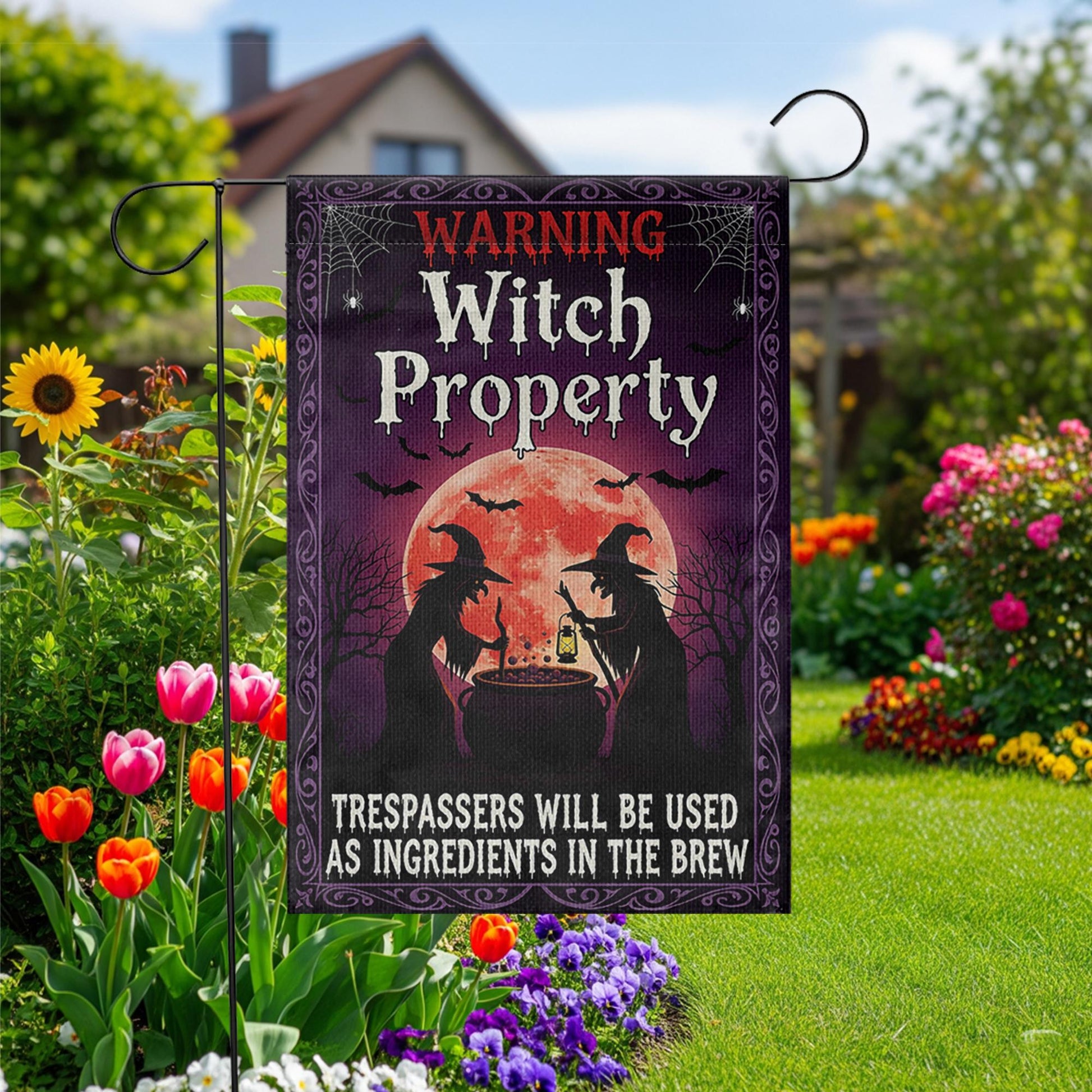Witch Property Garden Flag, Funny Halloween Yard Sign, Trespassers Will Be Ingredients Porch Decor, Spooky Gothic Witch Banner