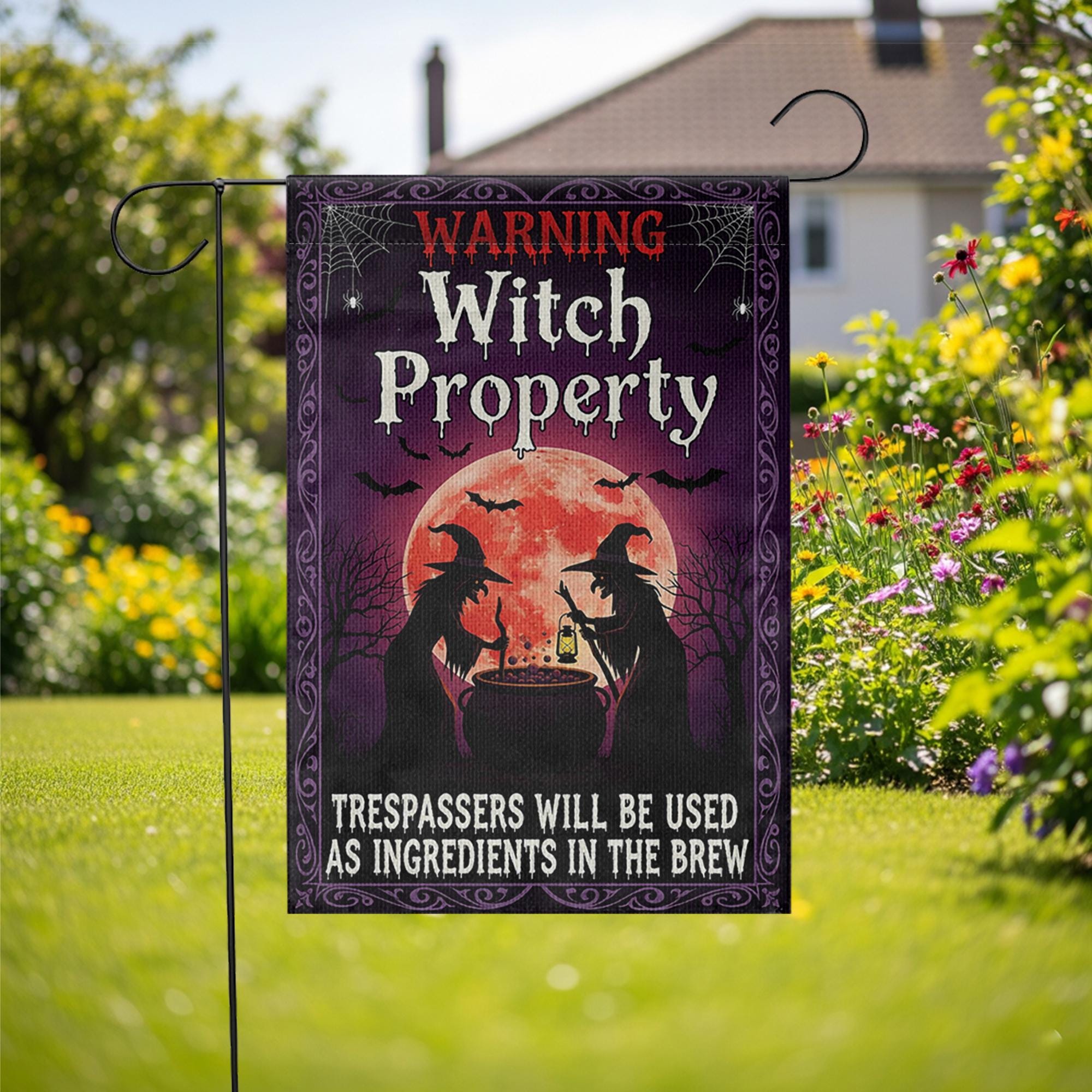 Witch Property Garden Flag, Funny Halloween Yard Sign, Trespassers Will Be Ingredients Porch Decor, Spooky Gothic Witch Banner