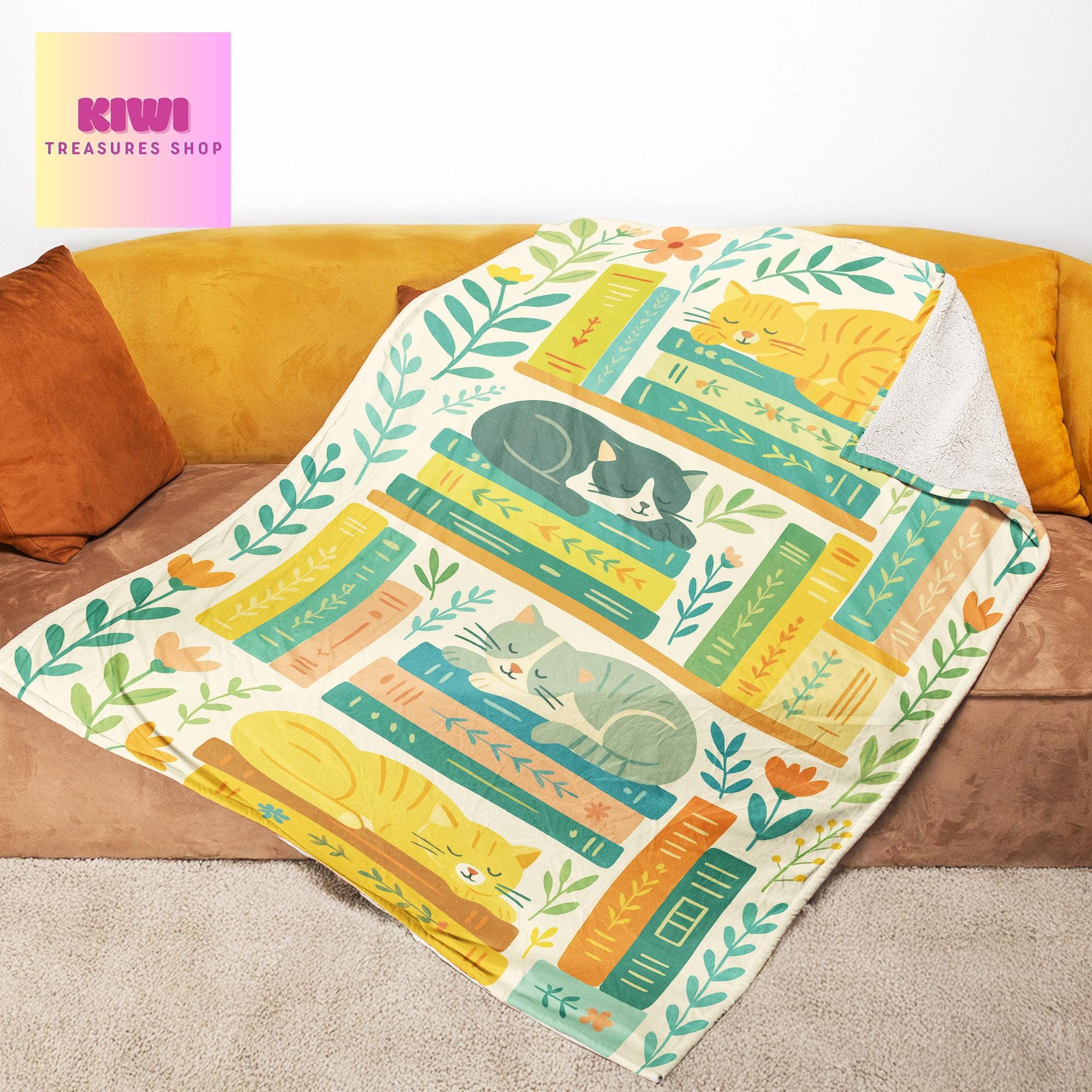 Cute Cat Book Blanket, Cozy Fleece Throw for Book Lovers, Sleeping Cats and Bookshelf Decor, Reader Gift, Literary Cat Blanket