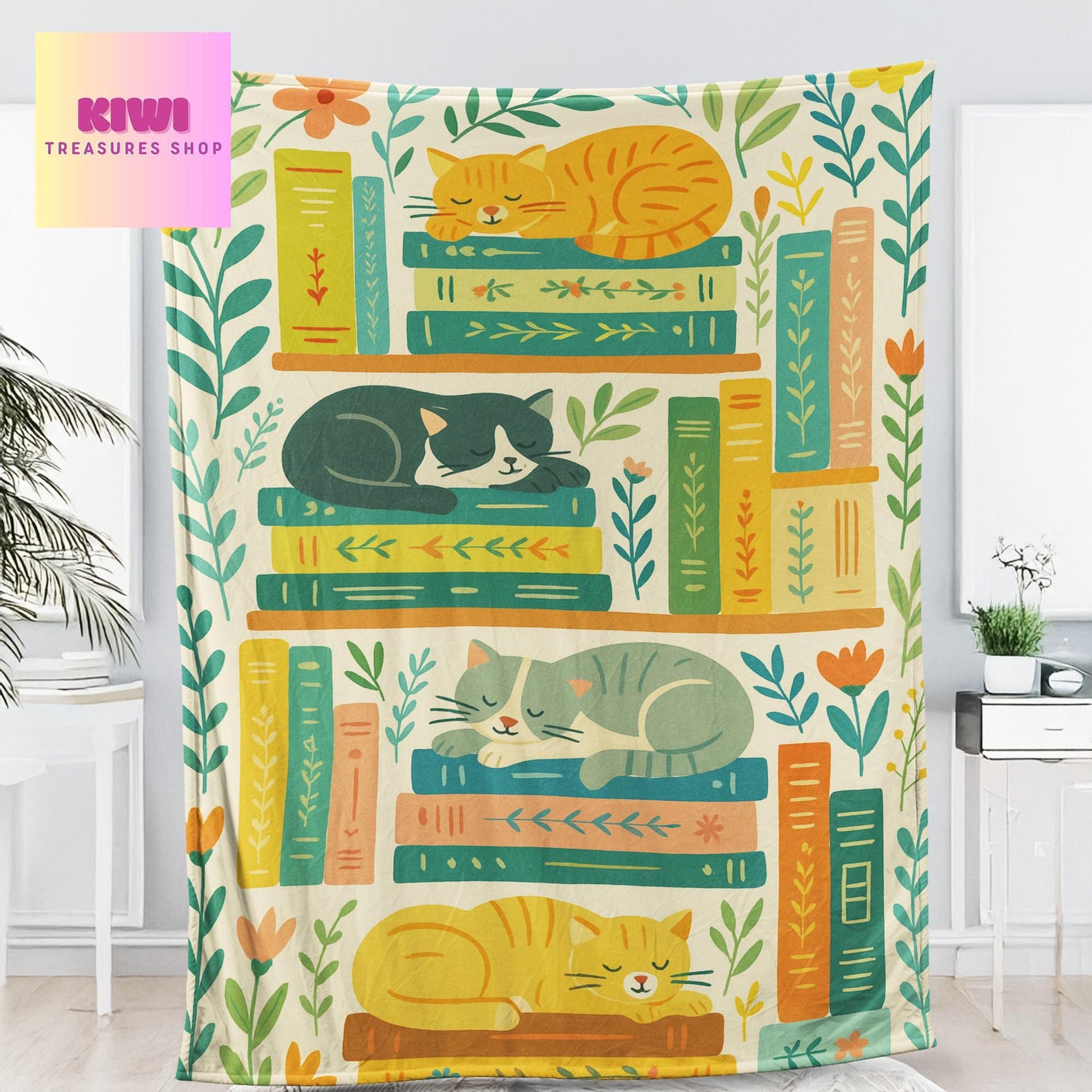 Cute Cat Book Blanket, Cozy Fleece Throw for Book Lovers, Sleeping Cats and Bookshelf Decor, Reader Gift, Literary Cat Blanket