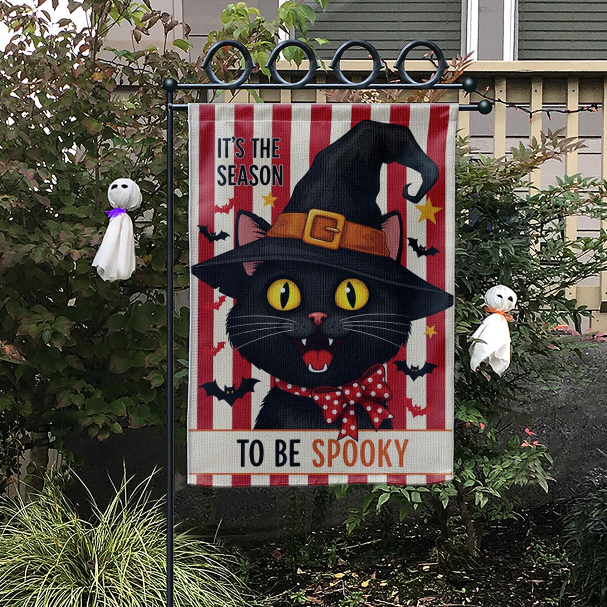 Black Cat Garden Flag, It's the Season to be Spooky Yard Sign, Cute Witch Cat Porch Decor, Whimsical Halloween Fall Banner