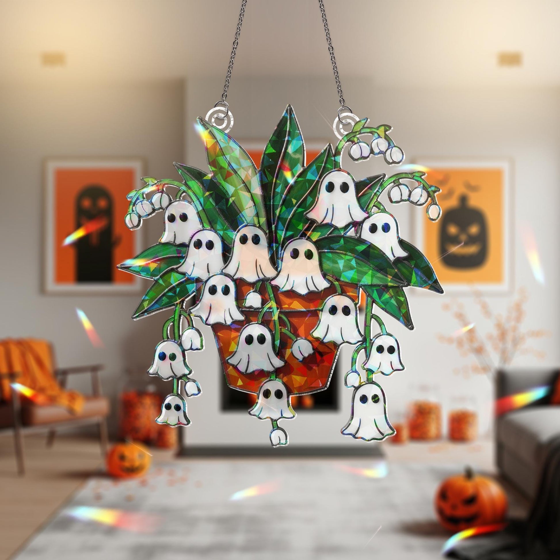 Ghost Lily of the Valley Acrylic Hologram Decor, Spooky Flower Pot Halloween Decor, Holographic Fall Hanging Ornament. Ghost Plant Hologram