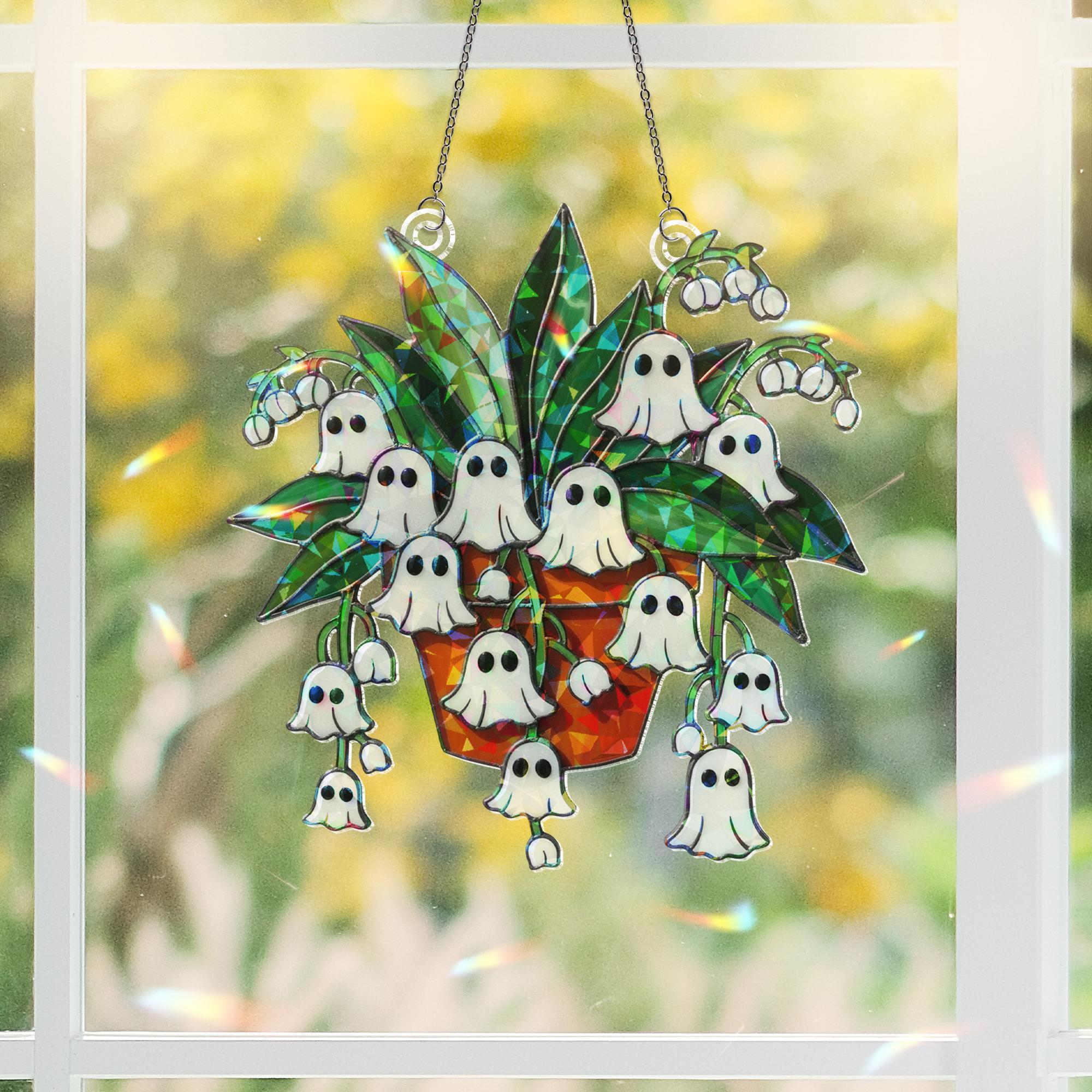 Ghost Lily of the Valley Acrylic Hologram Decor, Spooky Flower Pot Halloween Decor, Holographic Fall Hanging Ornament. Ghost Plant Hologram