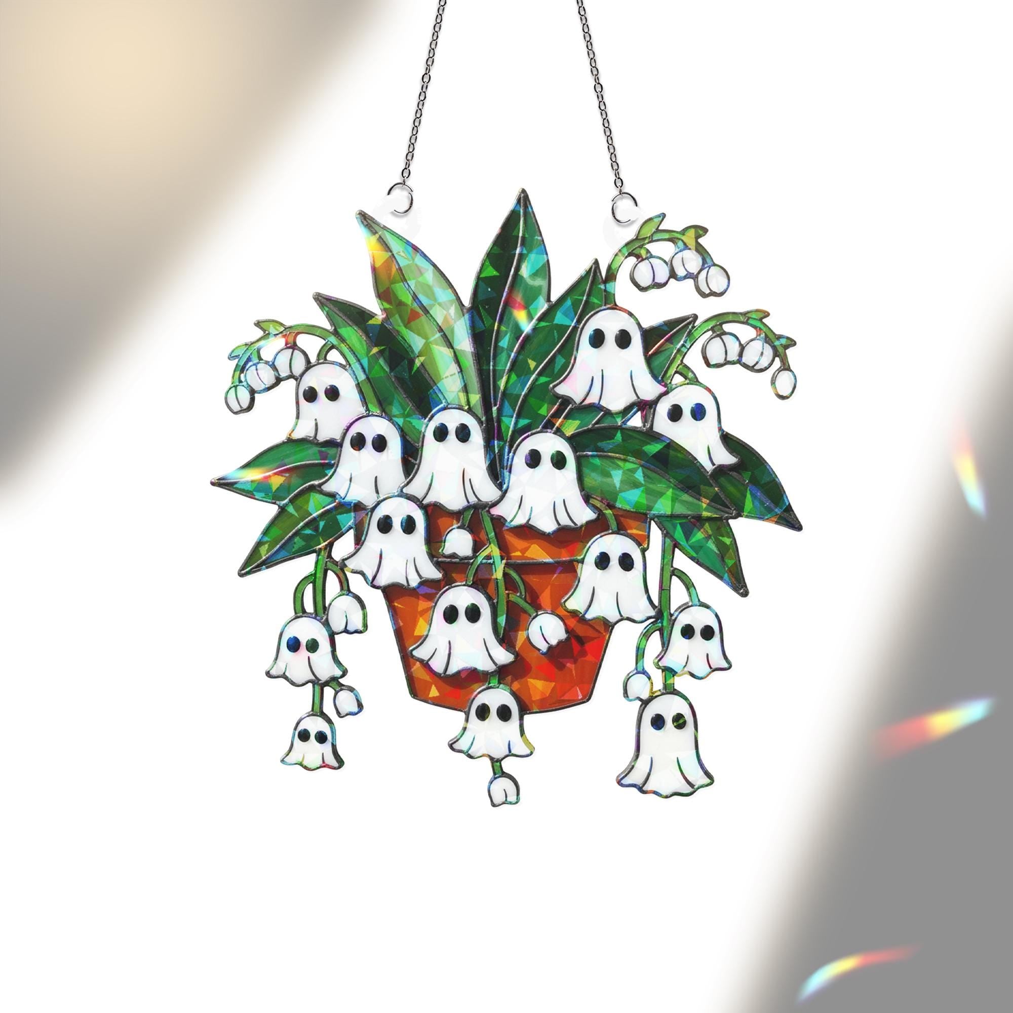 Ghost Lily of the Valley Acrylic Hologram Decor, Spooky Flower Pot Halloween Decor, Holographic Fall Hanging Ornament. Ghost Plant Hologram