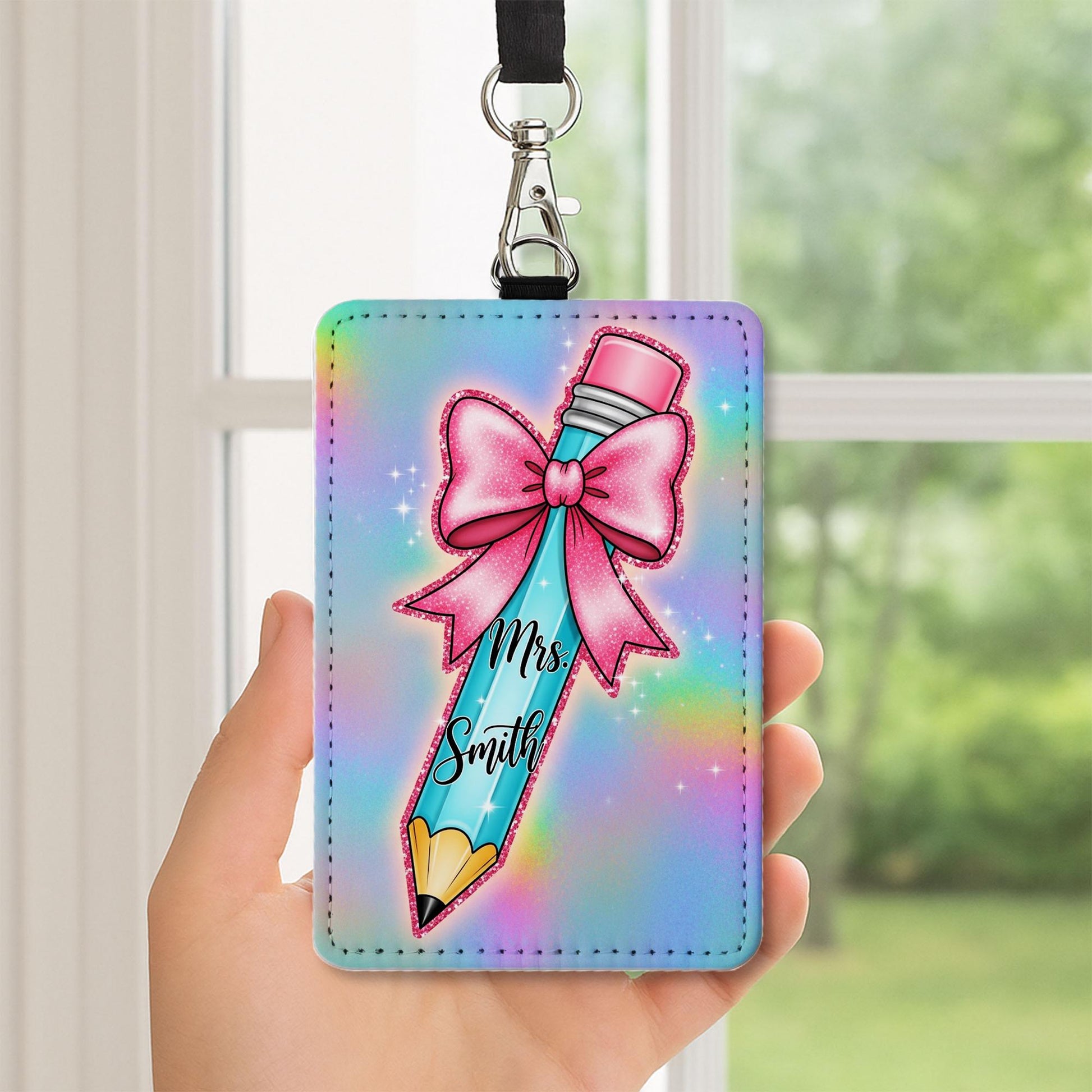 Personalized Teacher Badge Holder, Rainbow Pencil ID Holder with Name, Cute Leather Lanyard Tag, Custom Back to School Accessory