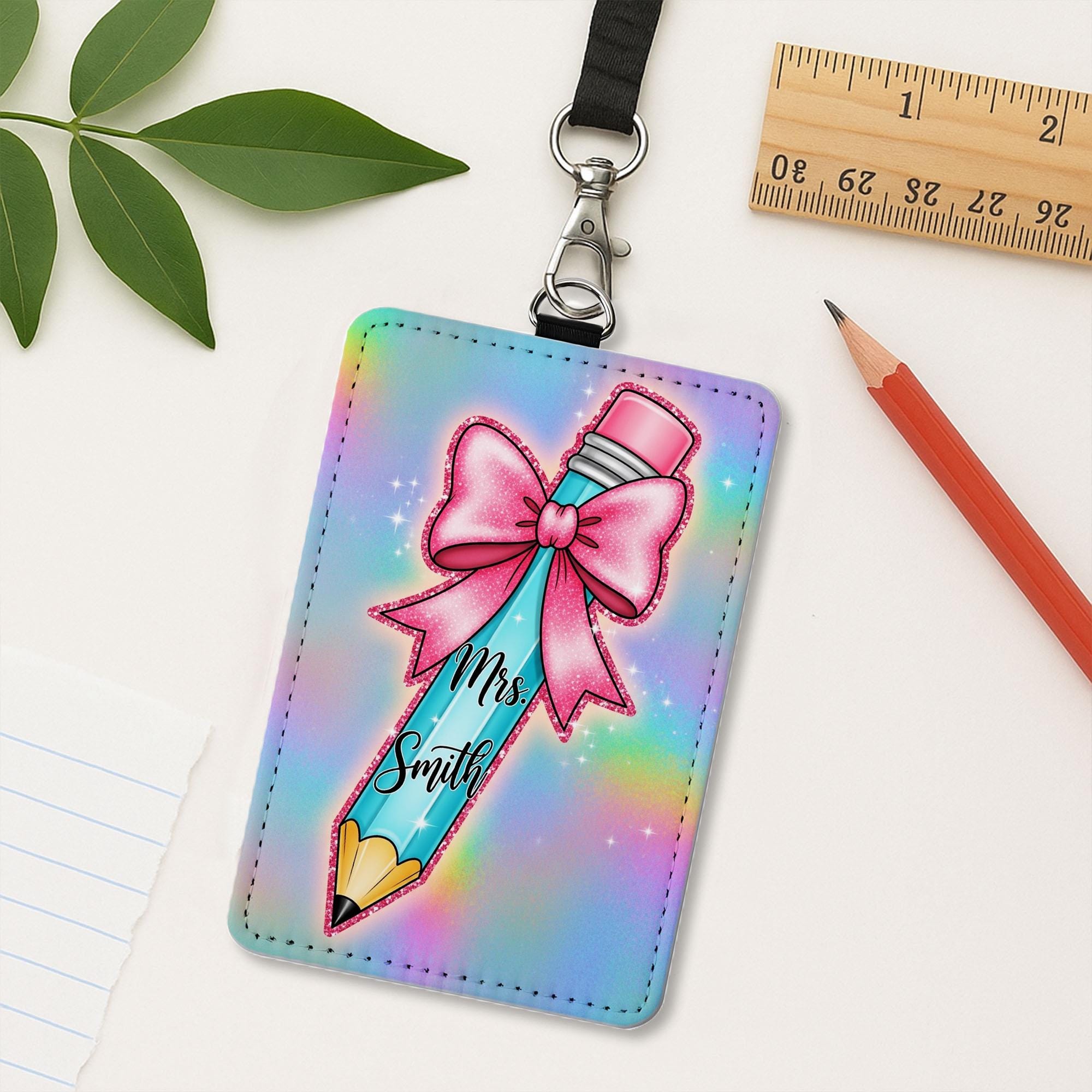 Personalized Teacher Badge Holder, Rainbow Pencil ID Holder with Name, Cute Leather Lanyard Tag, Custom Back to School Accessory