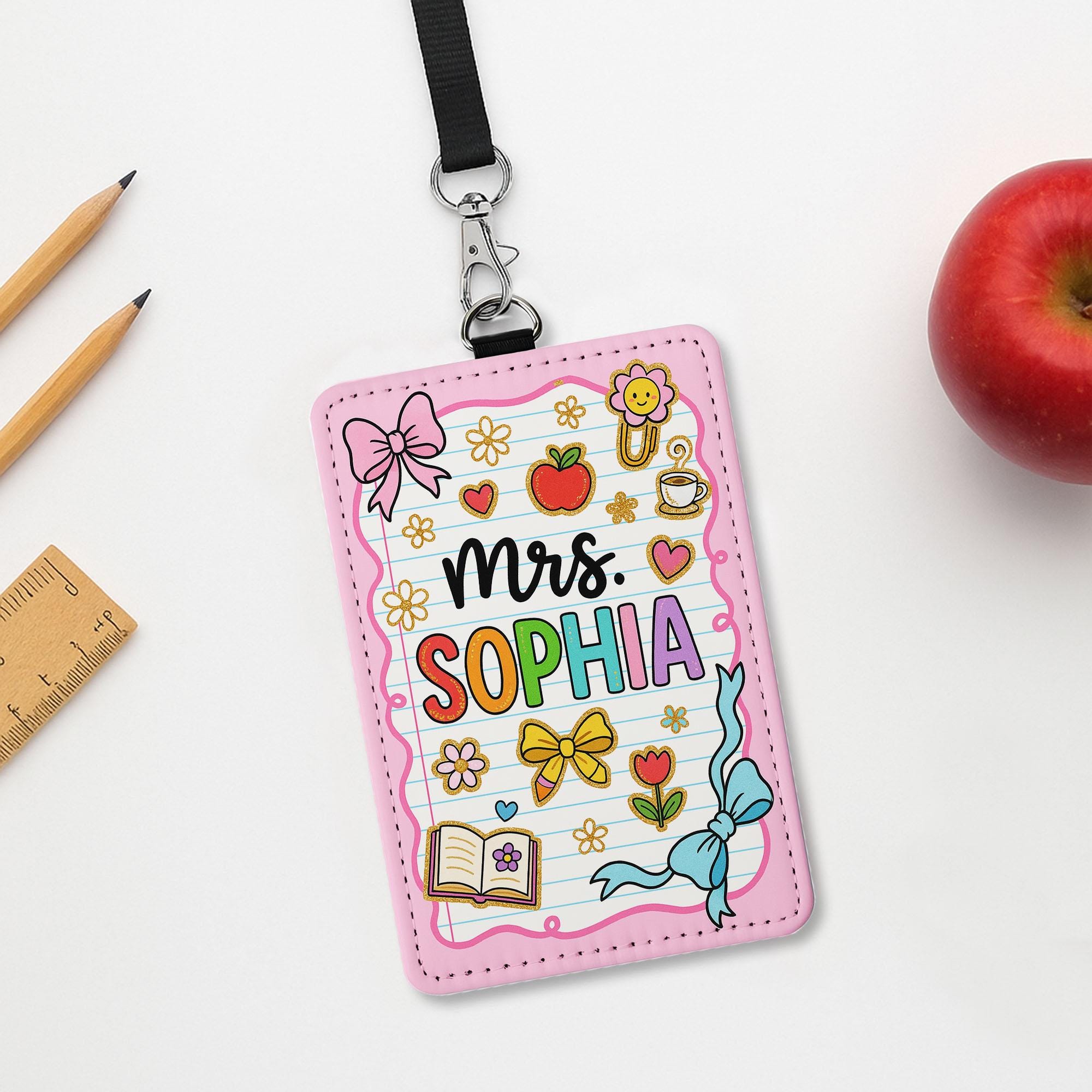 Custom Teacher Badge Holder, Personalized Name ID Tag, Cute Pink School Lanyard, Leather Classroom Accessory, Back to School Gift
