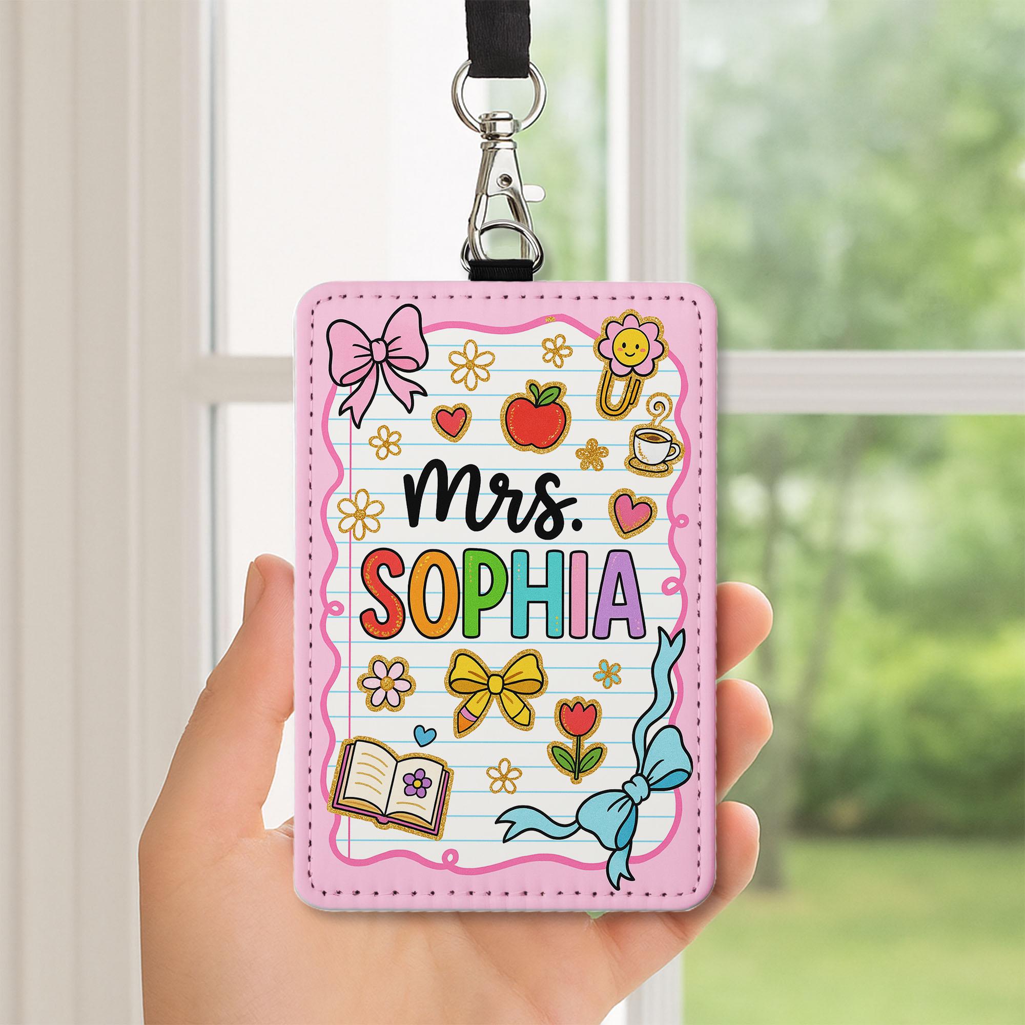 Custom Teacher Badge Holder, Personalized Name ID Tag, Cute Pink School Lanyard, Leather Classroom Accessory, Back to School Gift