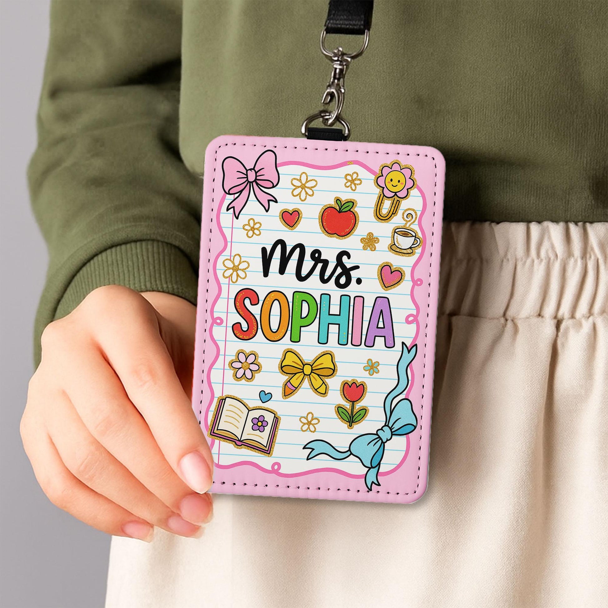 Custom Teacher Badge Holder, Personalized Name ID Tag, Cute Pink School Lanyard, Leather Classroom Accessory, Back to School Gift