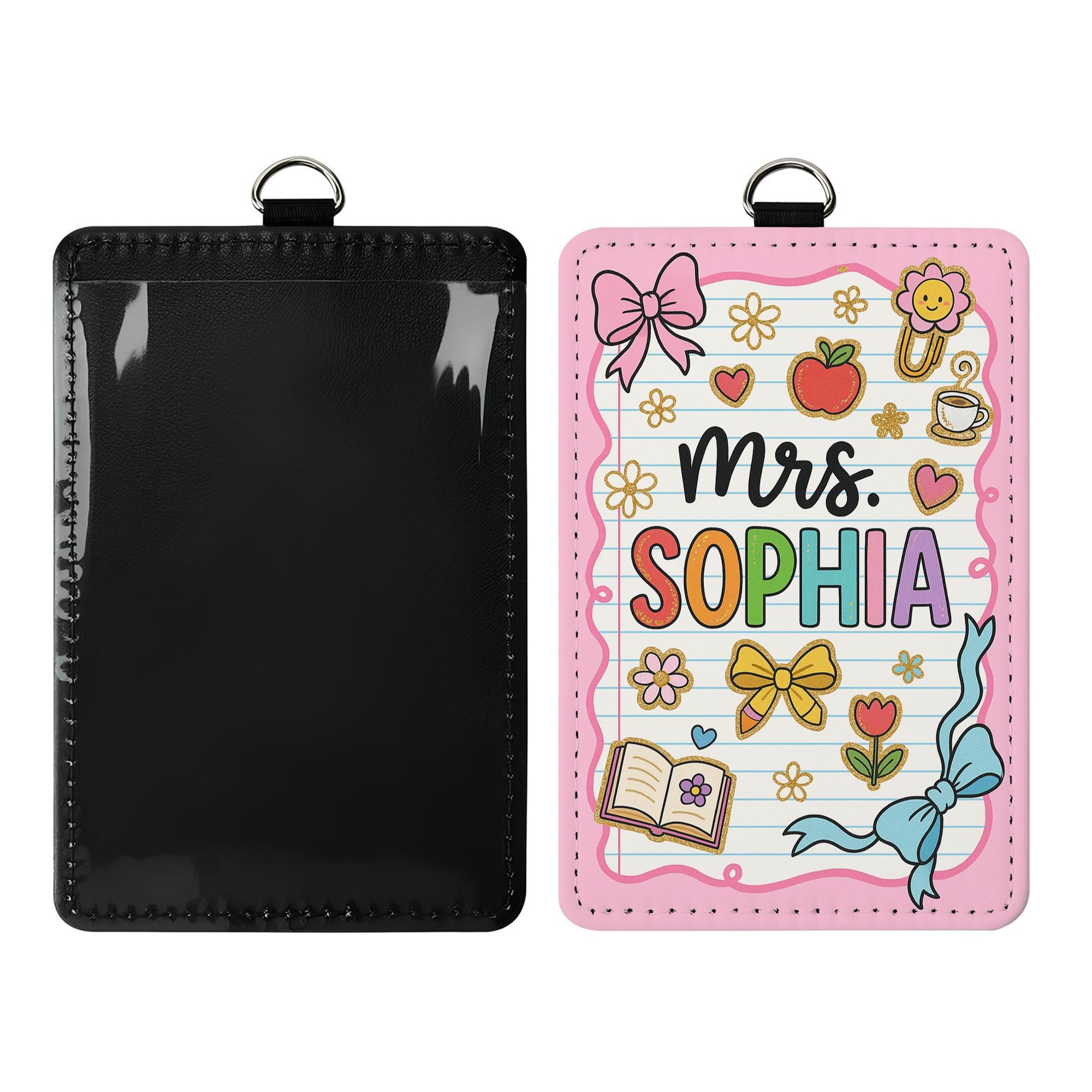 Custom Teacher Badge Holder, Personalized Name ID Tag, Cute Pink School Lanyard, Leather Classroom Accessory, Back to School Gift