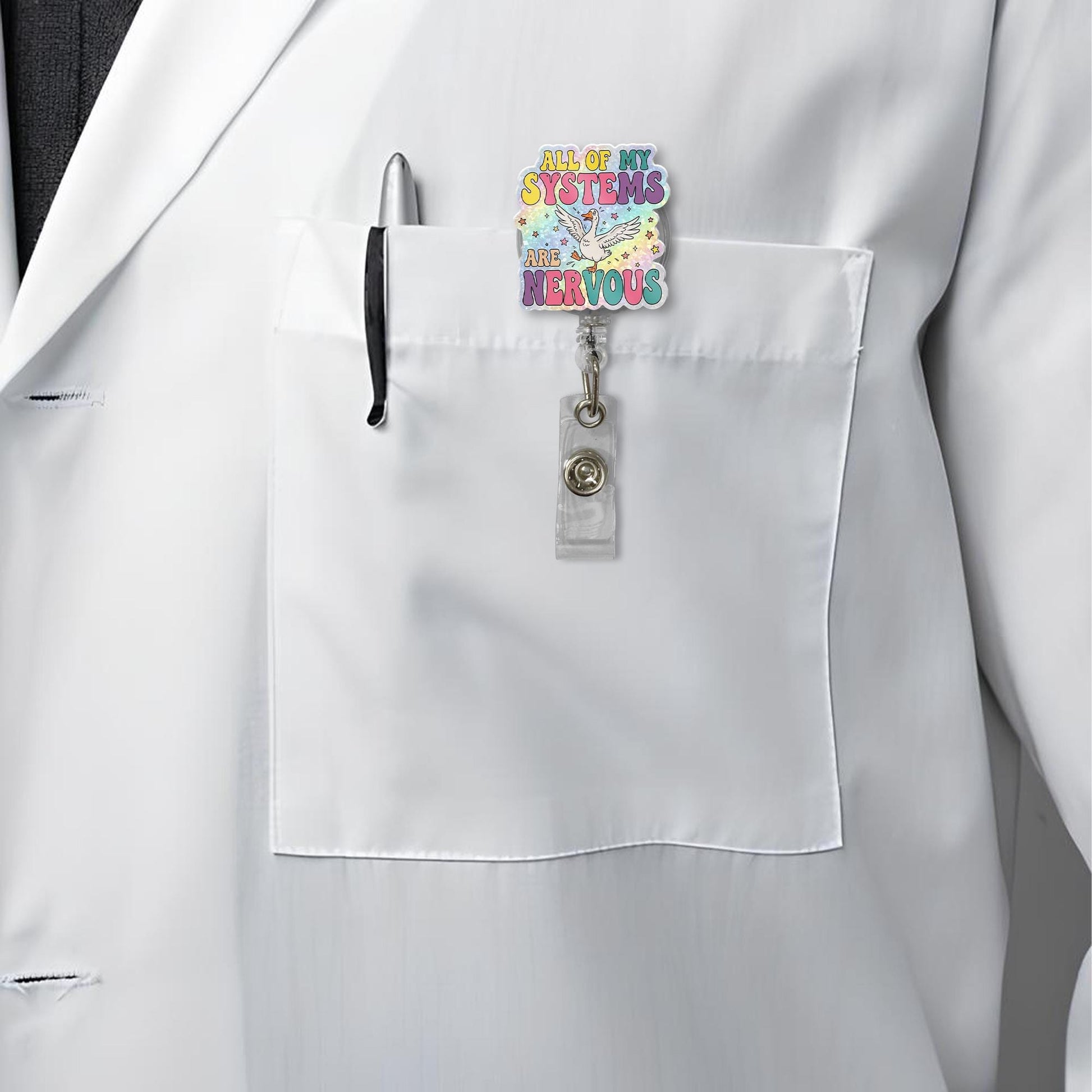 Funny Goose Badge Reel, All My Systems Are Nervous ID Holder, Cute Anxiety Humor Badge, Rainbow Nurse Clip, Retractable Reel Gift