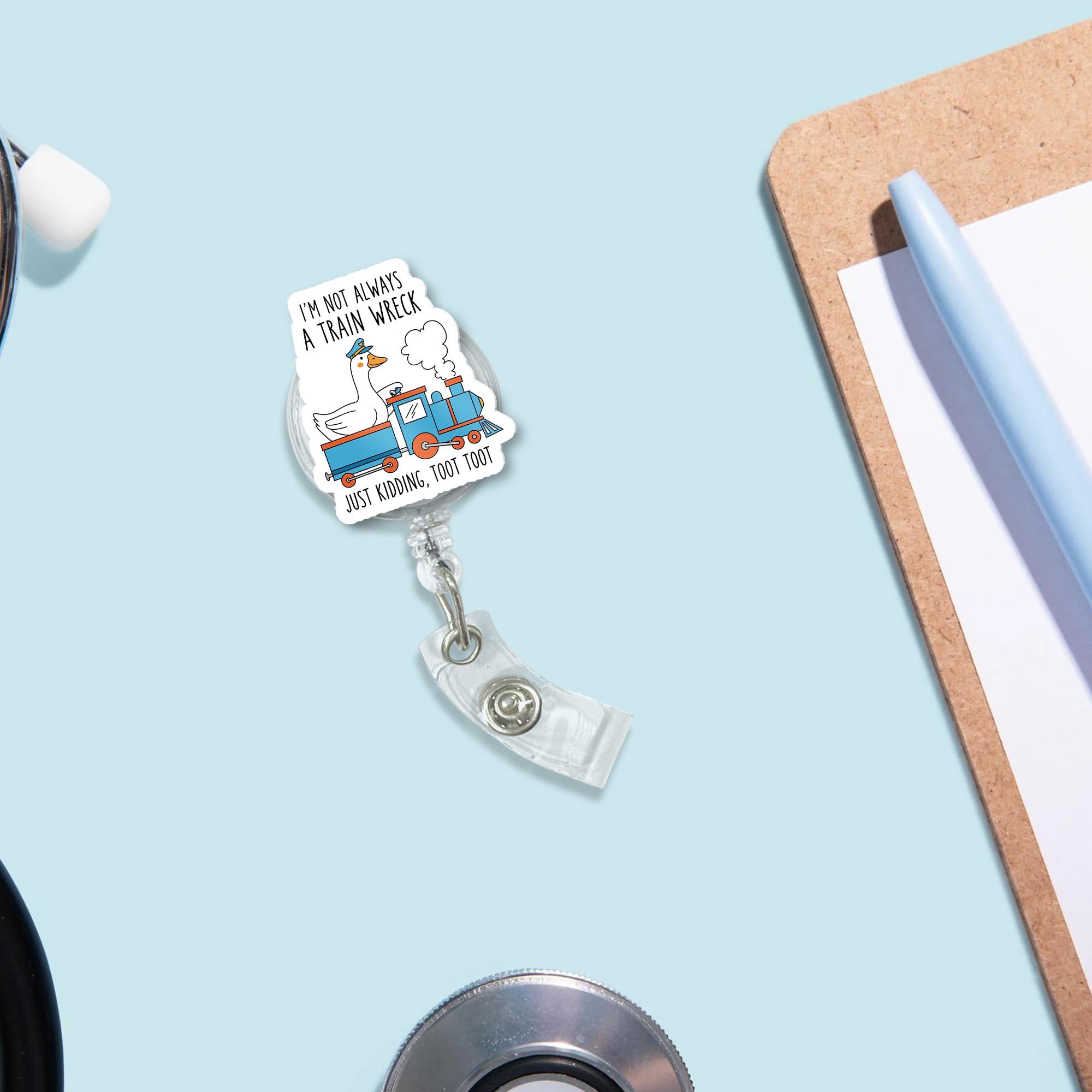 Funny Train Wreck Badge Reel, Goose Conductor ID Holder, Just Kidding Toot Toot Clip, Silly Retractable Badge, Work Humor Accessory