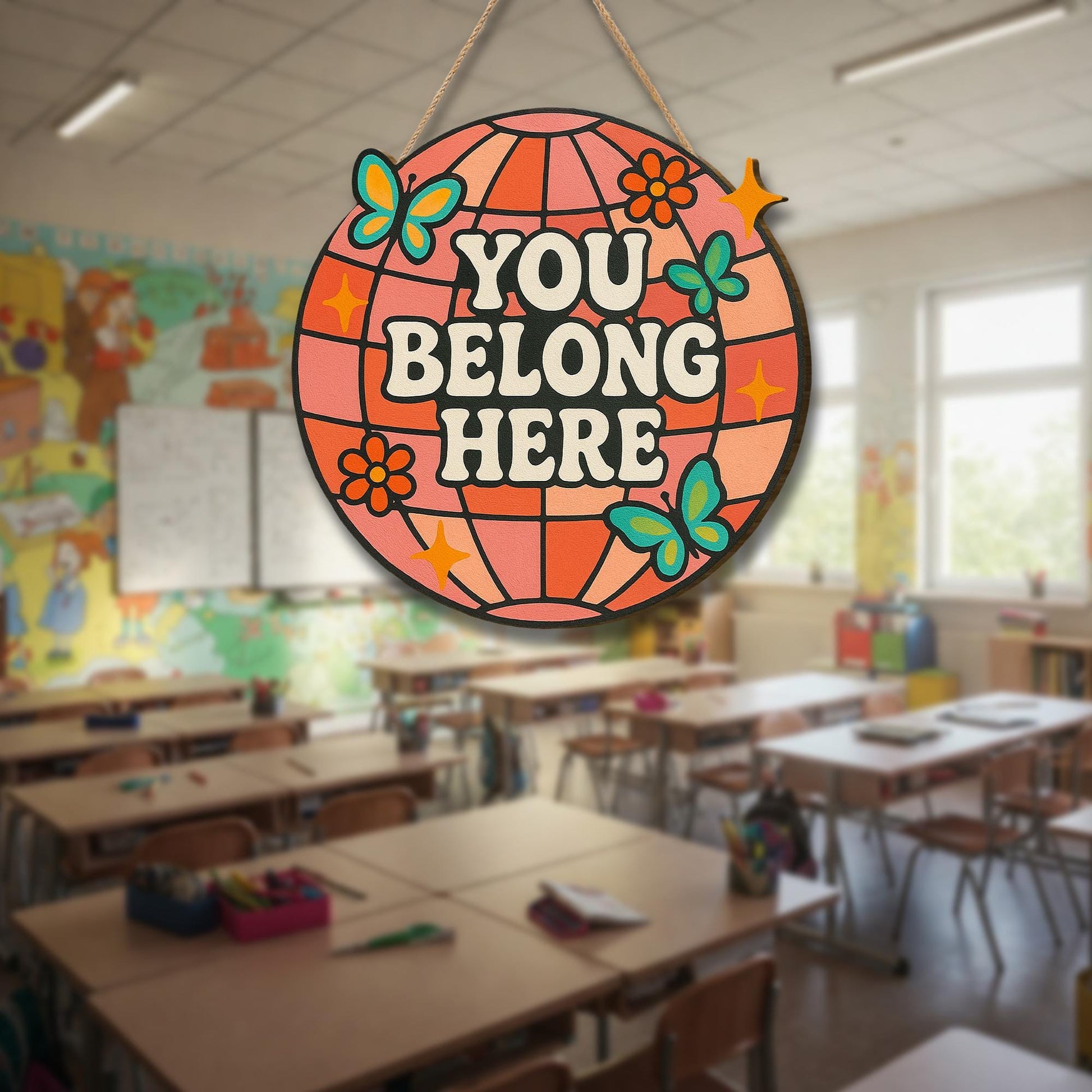 You Belong Here Wood Sign, Retro Door Sign, Classroom Wall Decor, Positive Quote Sign, Welcome Sign, Boho Teacher Gift, Inclusive classroom