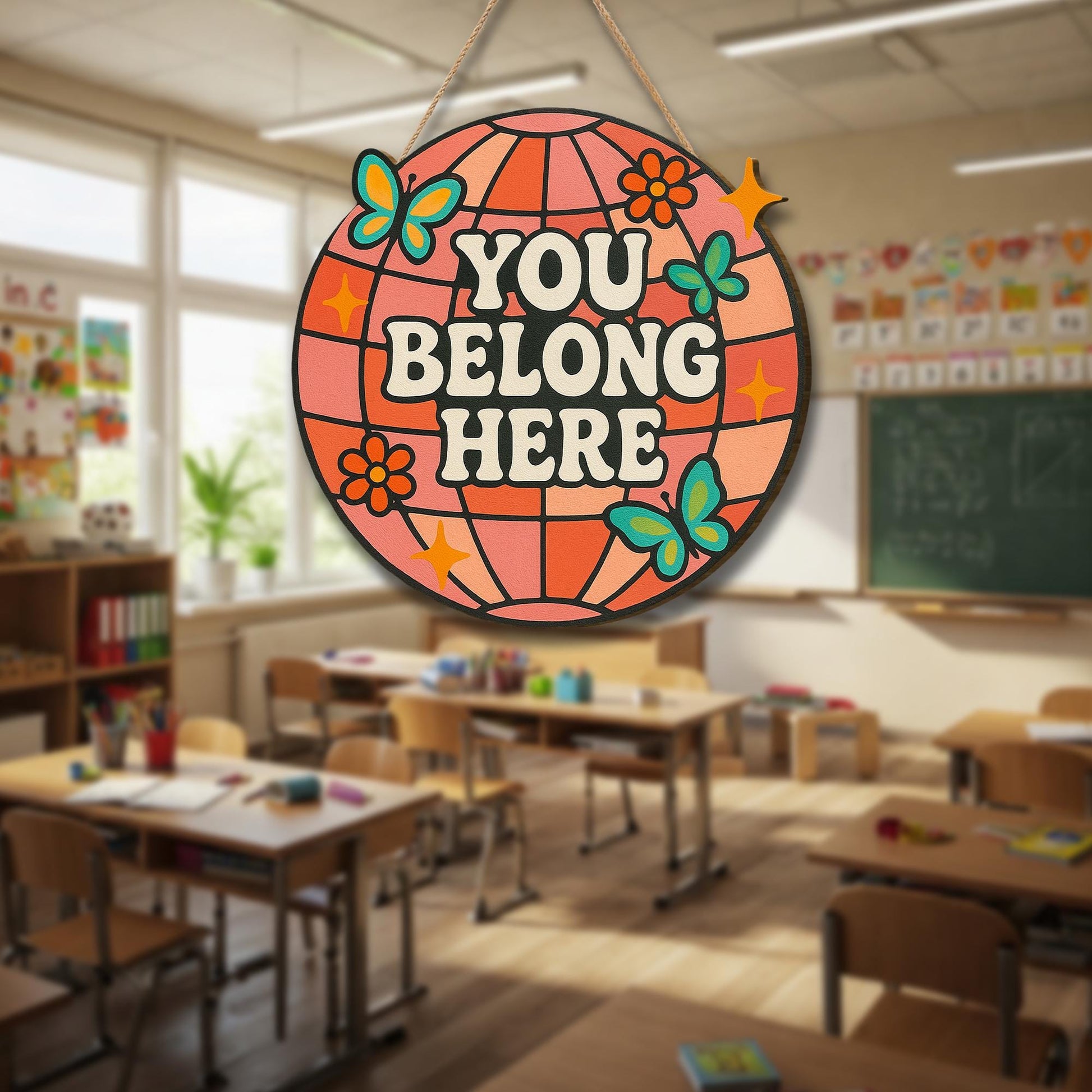 You Belong Here Wood Sign, Retro Door Sign, Classroom Wall Decor, Positive Quote Sign, Welcome Sign, Boho Teacher Gift, Inclusive classroom