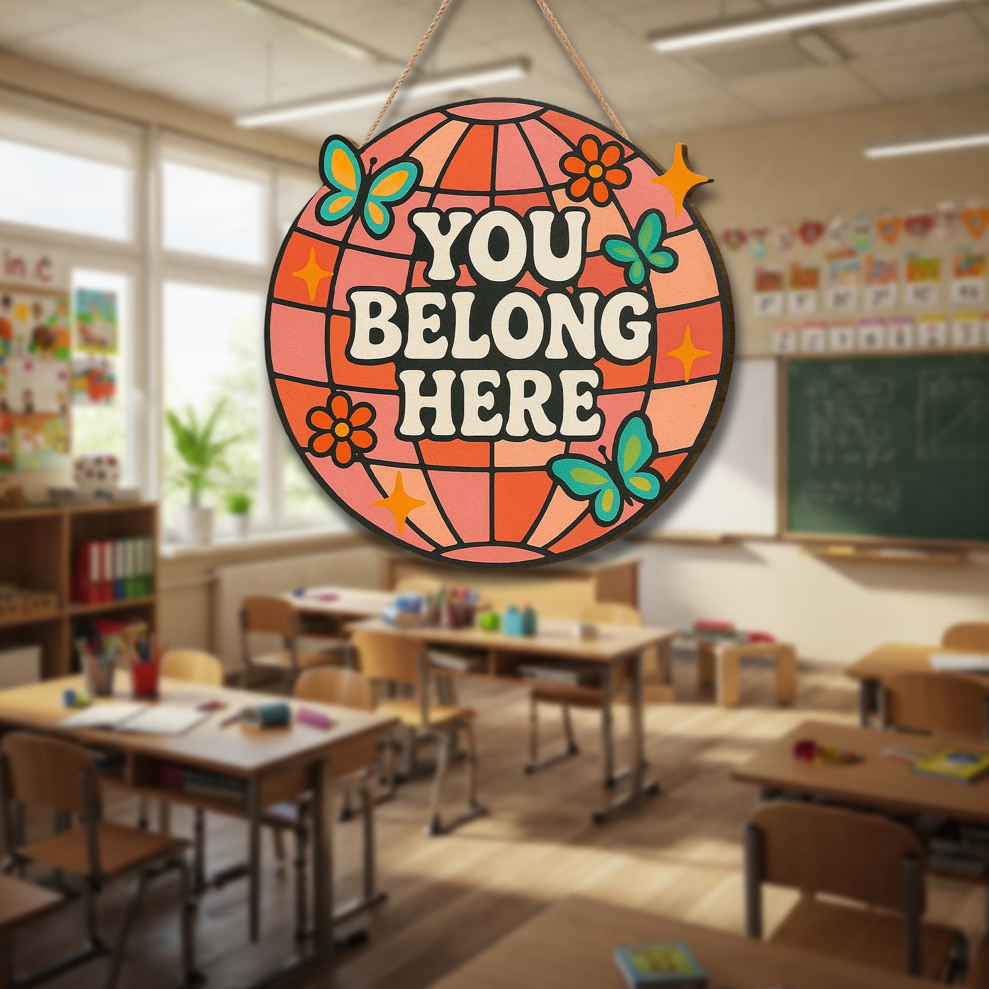 You Belong Here Wood Sign, Retro Door Sign, Classroom Wall Decor, Positive Quote Sign, Welcome Sign, Boho Teacher Gift, Inclusive classroom