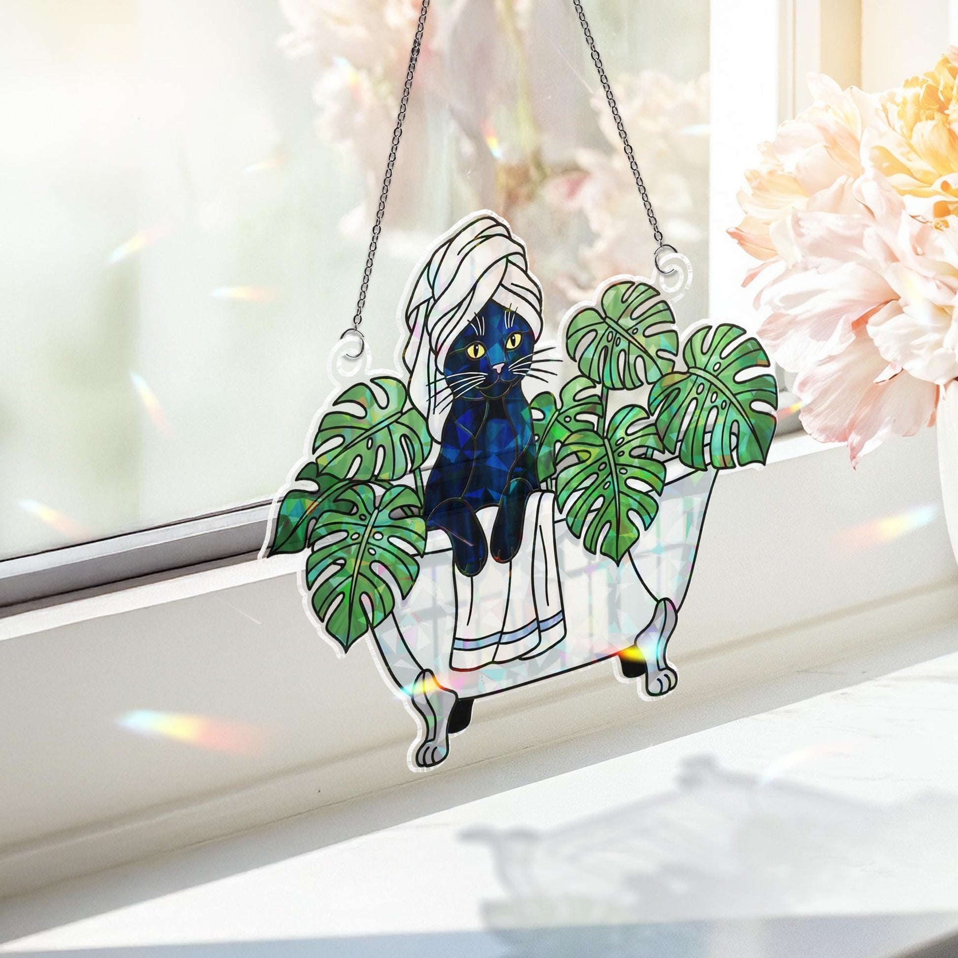 Black Cat Bathroom Decor, Holographic Acrylic Suncatcher, Spa Cat Window Hanging, Monstera Leaf Cat Art, Funny Cat Lover Gift