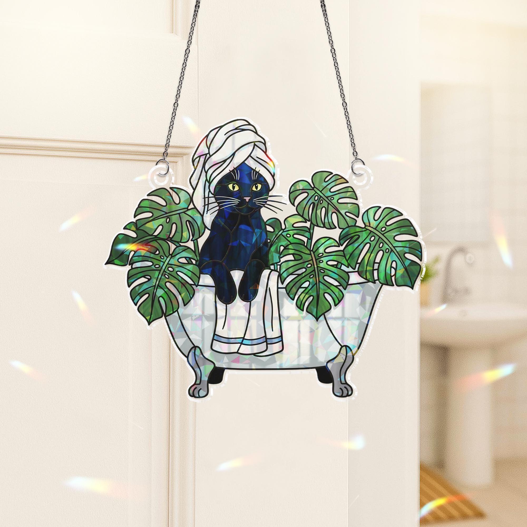 Black Cat Bathroom Decor, Holographic Acrylic Suncatcher, Spa Cat Window Hanging, Monstera Leaf Cat Art, Funny Cat Lover Gift