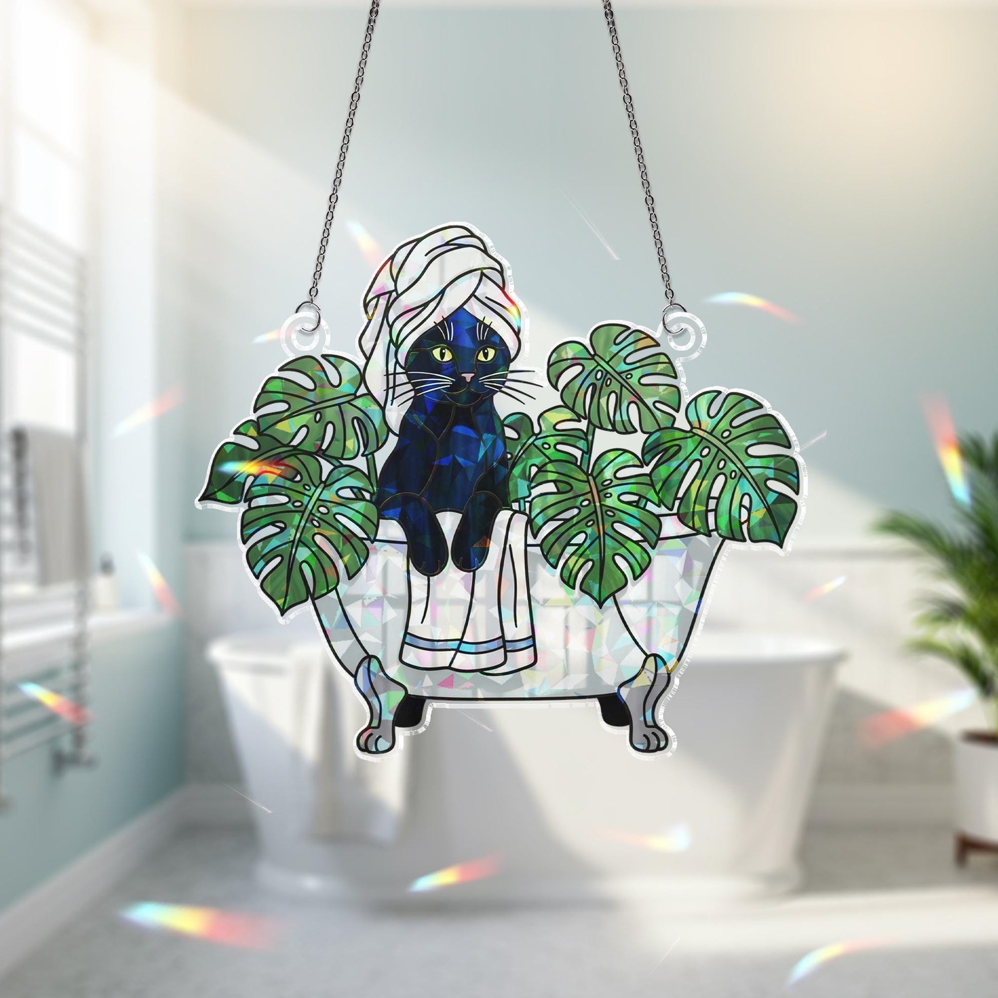Black Cat Bathroom Decor, Holographic Acrylic Suncatcher, Spa Cat Window Hanging, Monstera Leaf Cat Art, Funny Cat Lover Gift