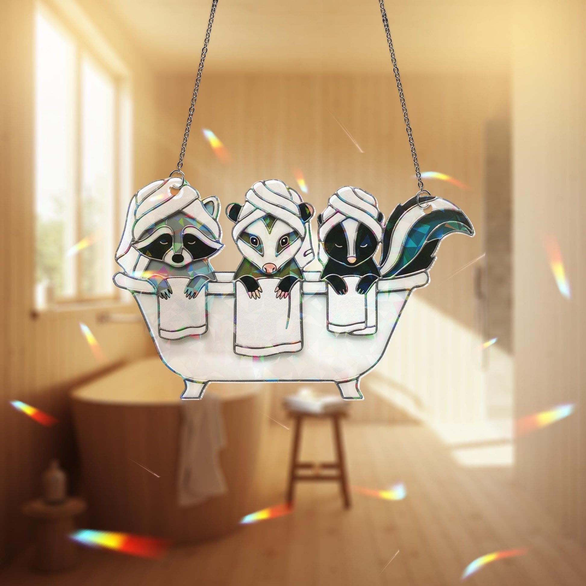 Cute Animal Bathroom Decor, Holographic Acrylic Spa Suncatcher, Raccoon Possum Skunk Art, Funny Woodland Bath Window Hanging