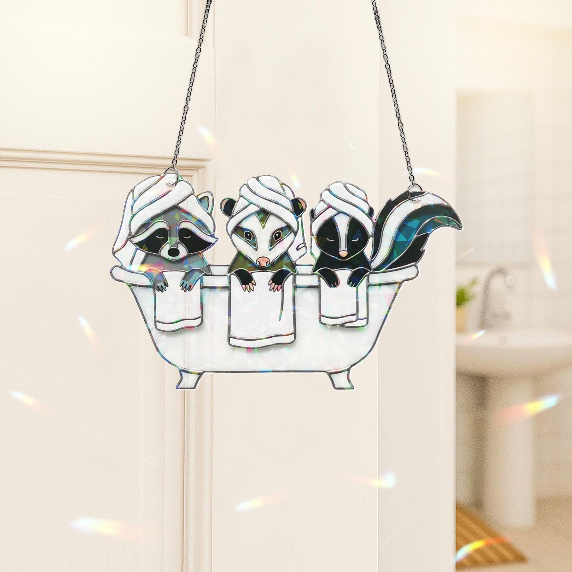 Cute Animal Bathroom Decor, Holographic Acrylic Spa Suncatcher, Raccoon Possum Skunk Art, Funny Woodland Bath Window Hanging