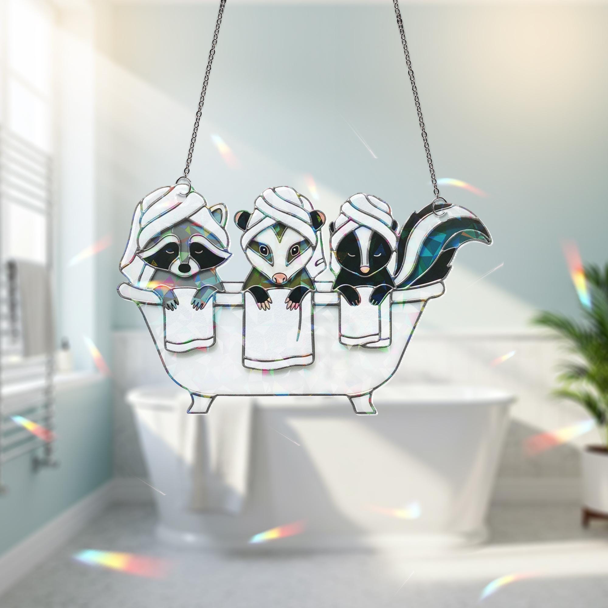 Cute Animal Bathroom Decor, Holographic Acrylic Spa Suncatcher, Raccoon Possum Skunk Art, Funny Woodland Bath Window Hanging