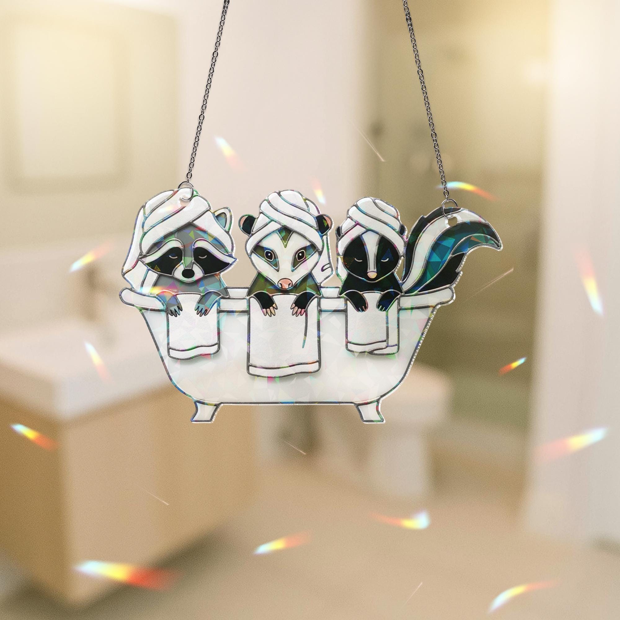 Cute Animal Bathroom Decor, Holographic Acrylic Spa Suncatcher, Raccoon Possum Skunk Art, Funny Woodland Bath Window Hanging