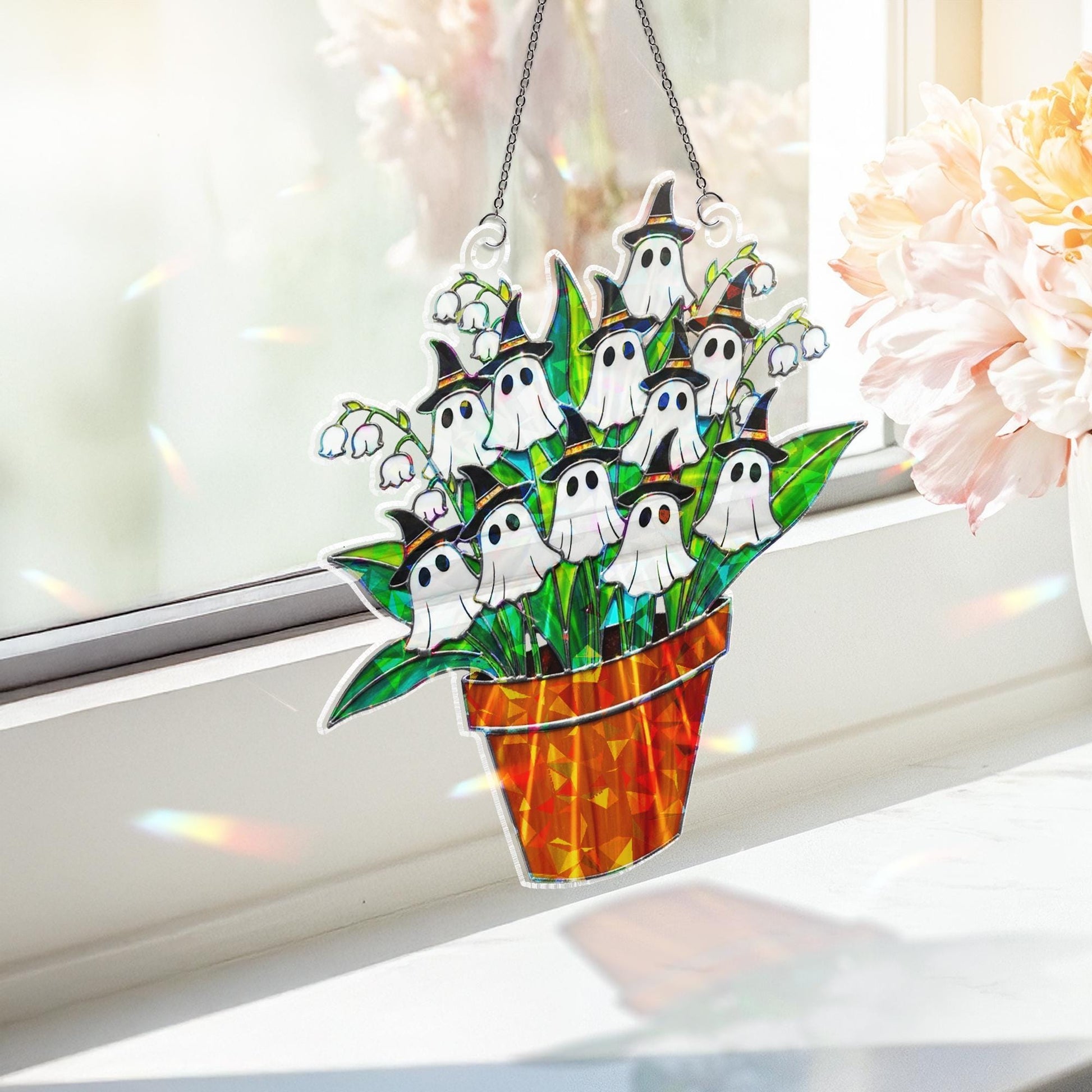 Ghost Lily Of Valley Acrylic Suncatcher, Holographic Halloween Plant Decor, Witchy Window Hanging, Spooky Fall Floral Ornament