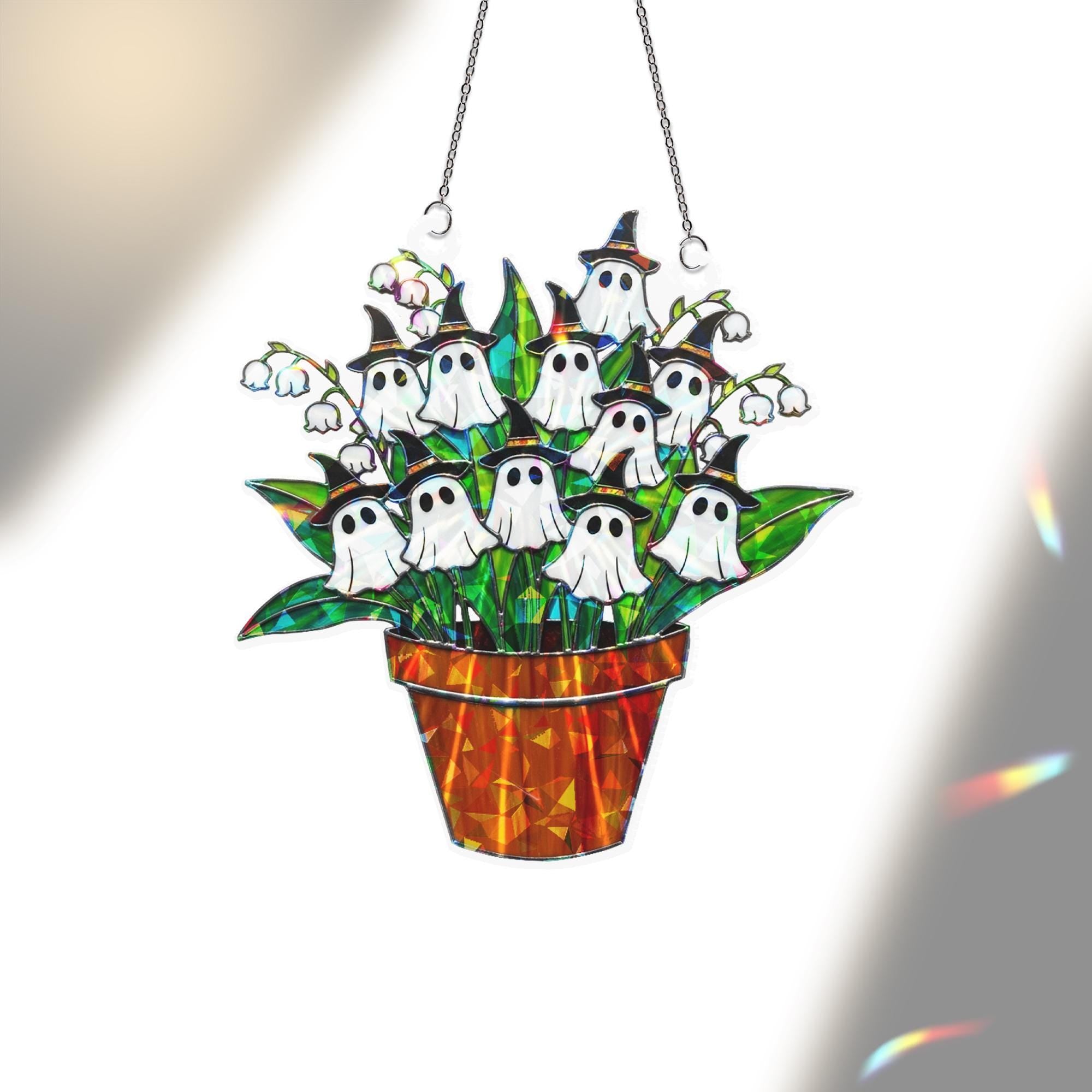 Ghost Lily Of Valley Acrylic Suncatcher, Holographic Halloween Plant Decor, Witchy Window Hanging, Spooky Fall Floral Ornament