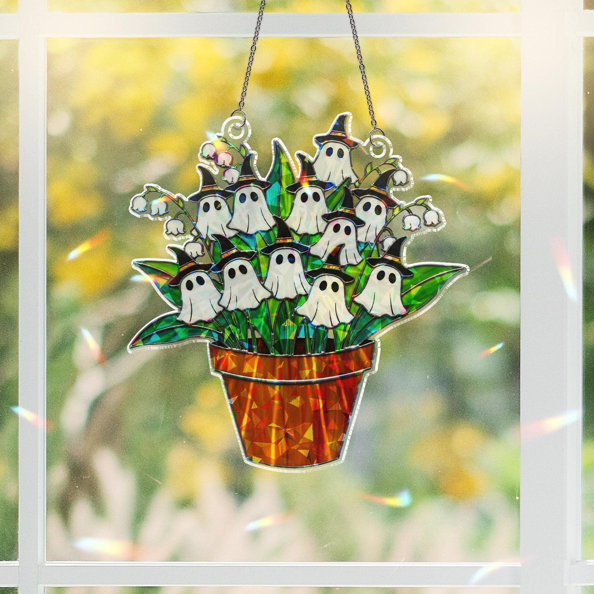Ghost Lily Of Valley Acrylic Suncatcher, Holographic Halloween Plant Decor, Witchy Window Hanging, Spooky Fall Floral Ornament