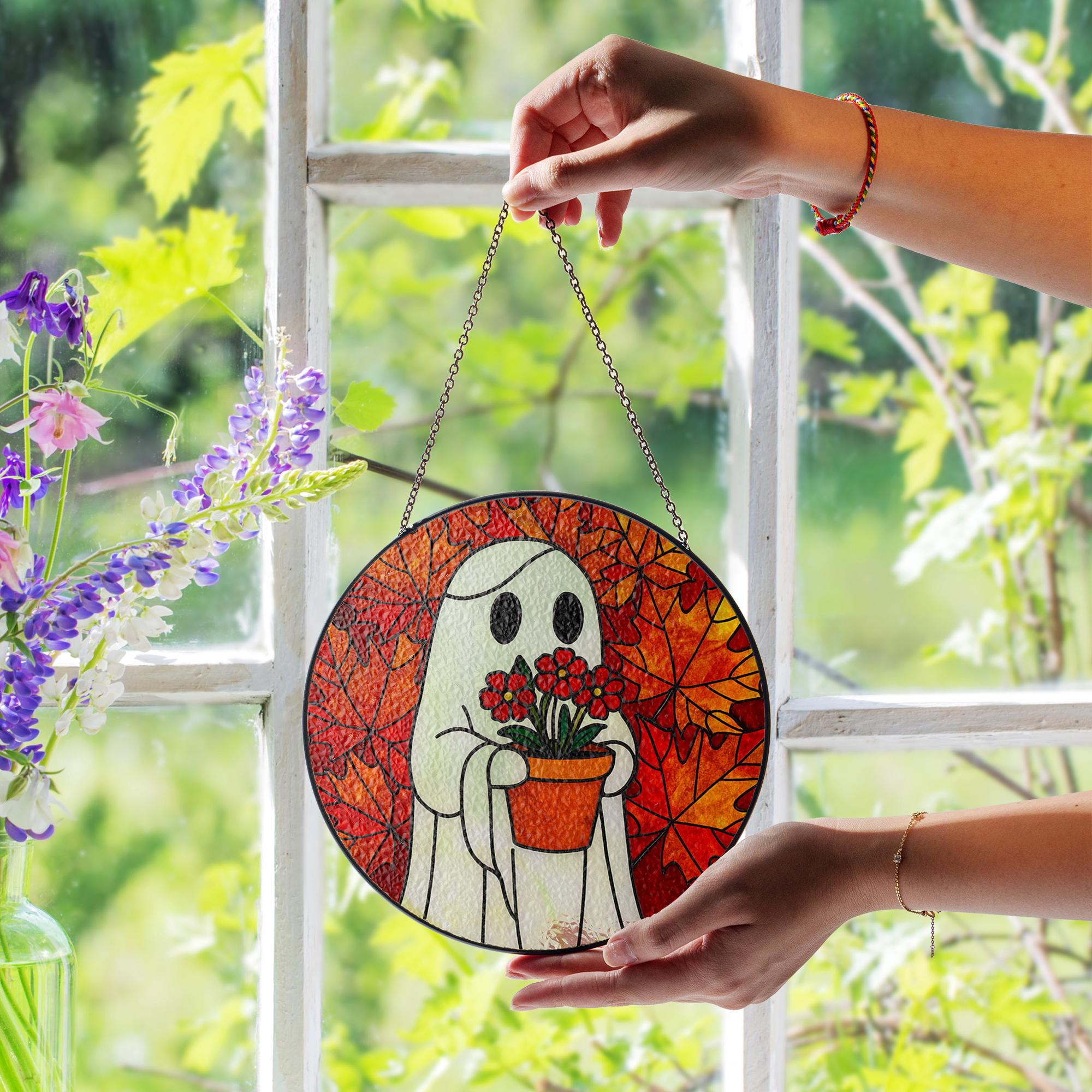 Ghost GLASS Suncatcher Fall Leaves, Halloween Glass Window Decor, Autumn Ghost Holding Flowers, Stained Glass Style Ornament