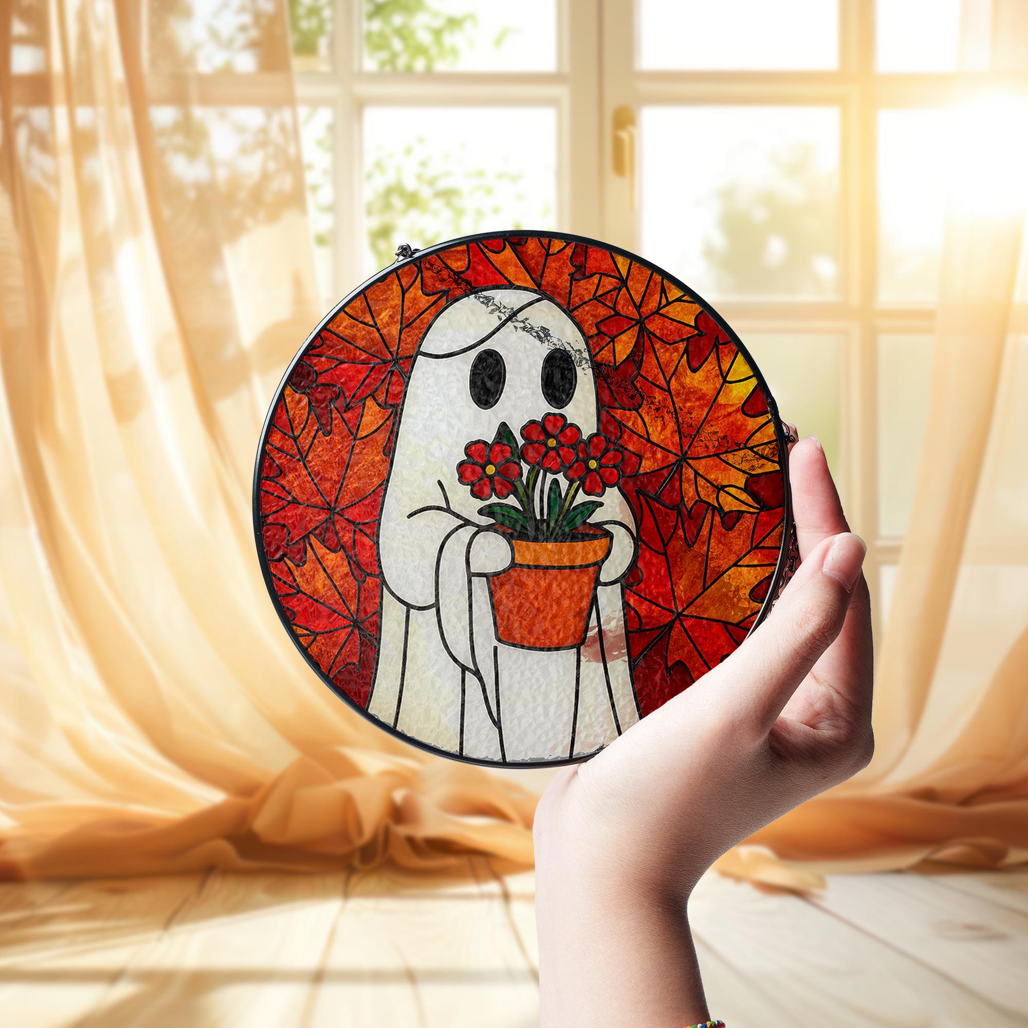 Ghost GLASS Suncatcher Fall Leaves, Halloween Glass Window Decor, Autumn Ghost Holding Flowers, Stained Glass Style Ornament