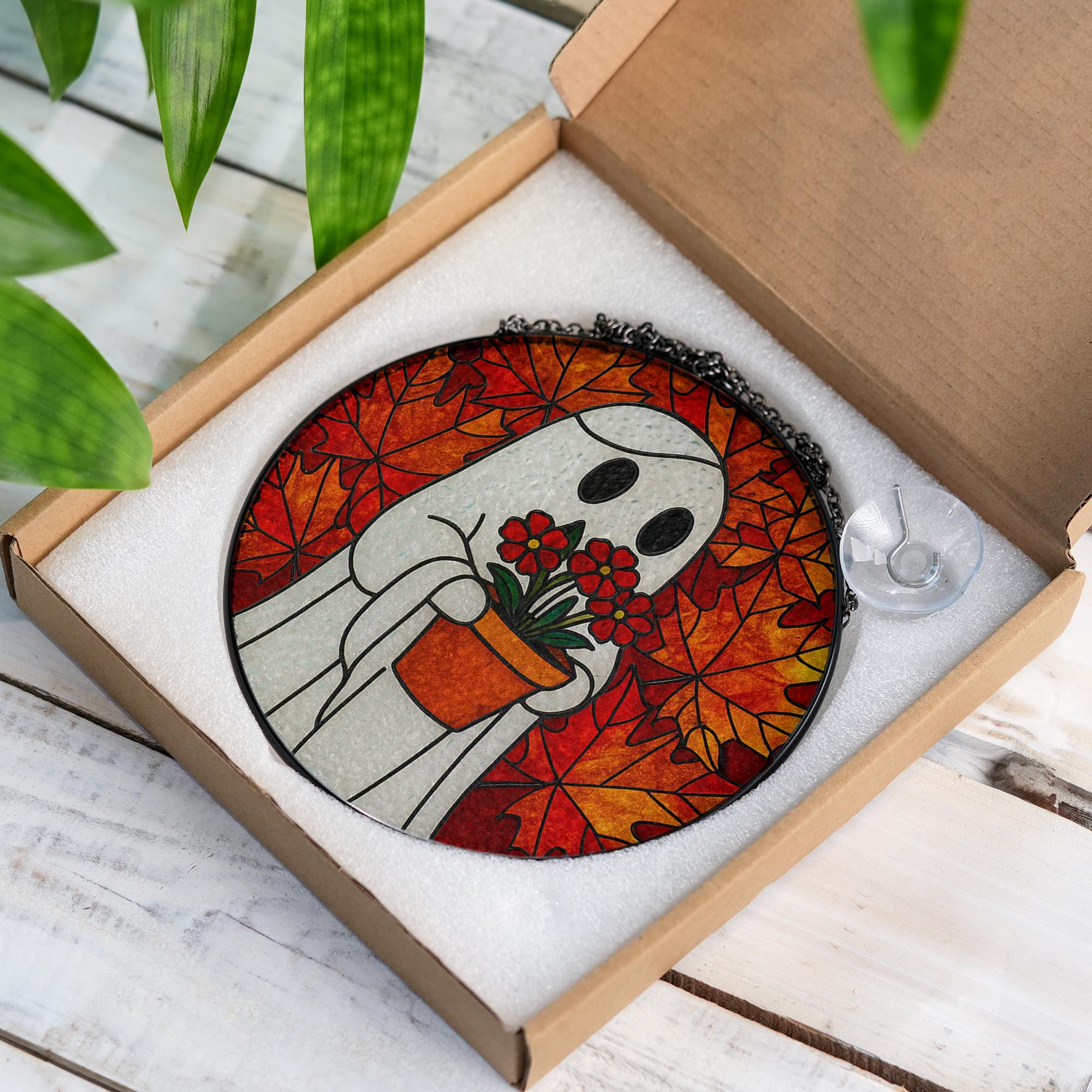 Ghost GLASS Suncatcher Fall Leaves, Halloween Glass Window Decor, Autumn Ghost Holding Flowers, Stained Glass Style Ornament