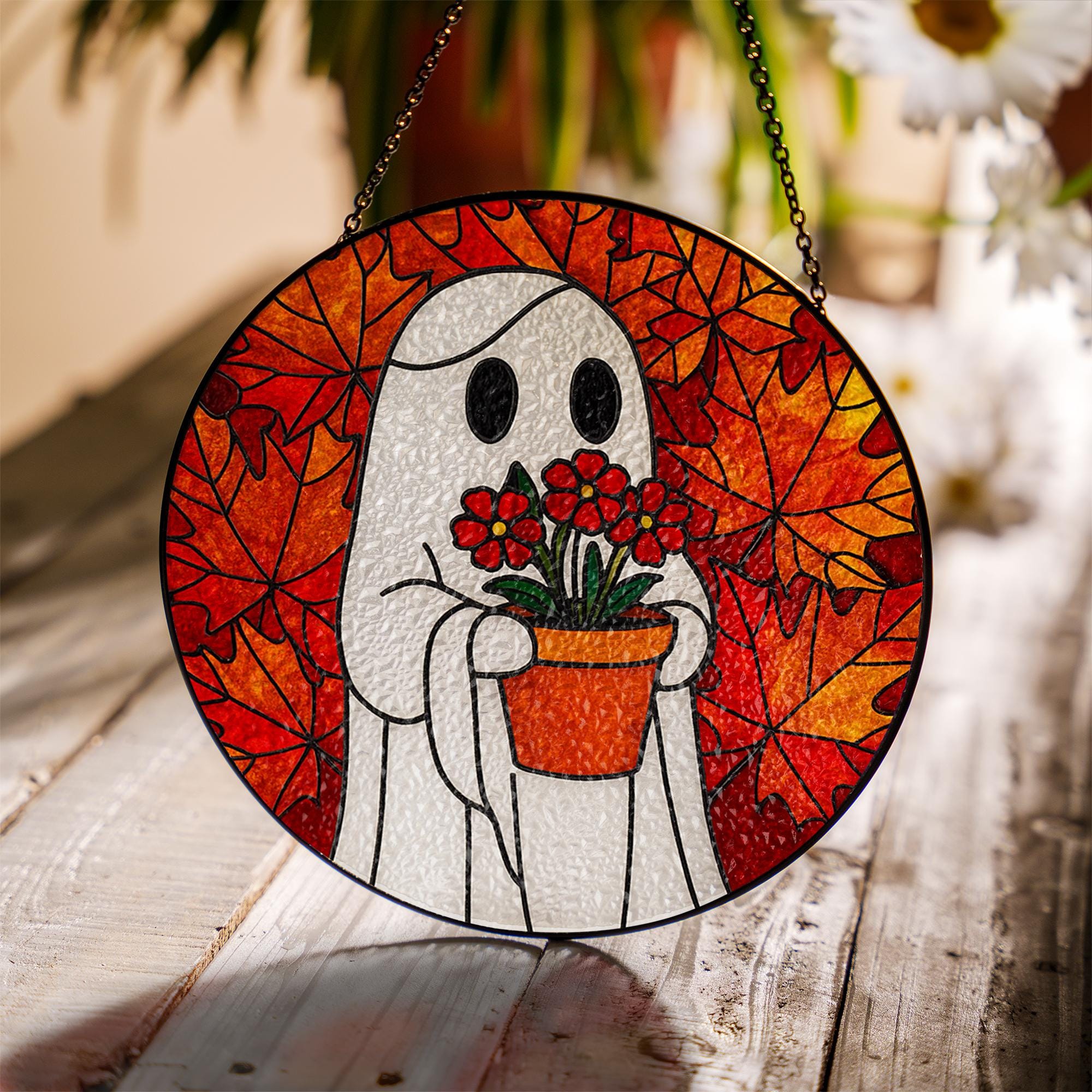 Ghost GLASS Suncatcher Fall Leaves, Halloween Glass Window Decor, Autumn Ghost Holding Flowers, Stained Glass Style Ornament