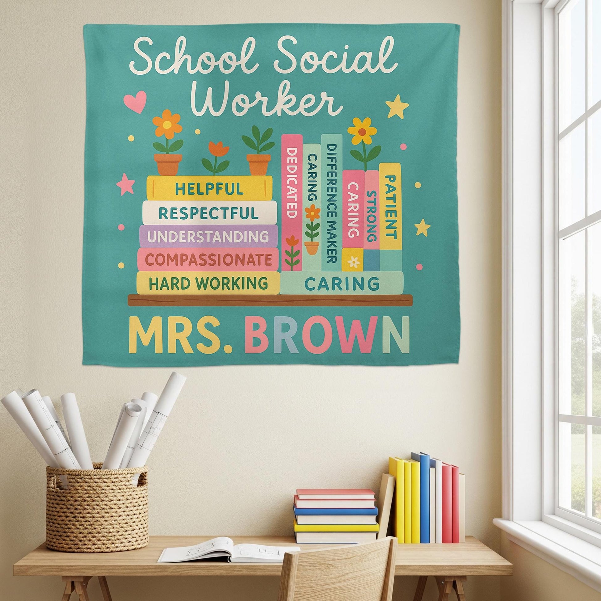 School Social Worker Tapestry, Office Wall Decor, Personalized Teacher Banner, Social Work Gift, Counselor Appreciation Sign