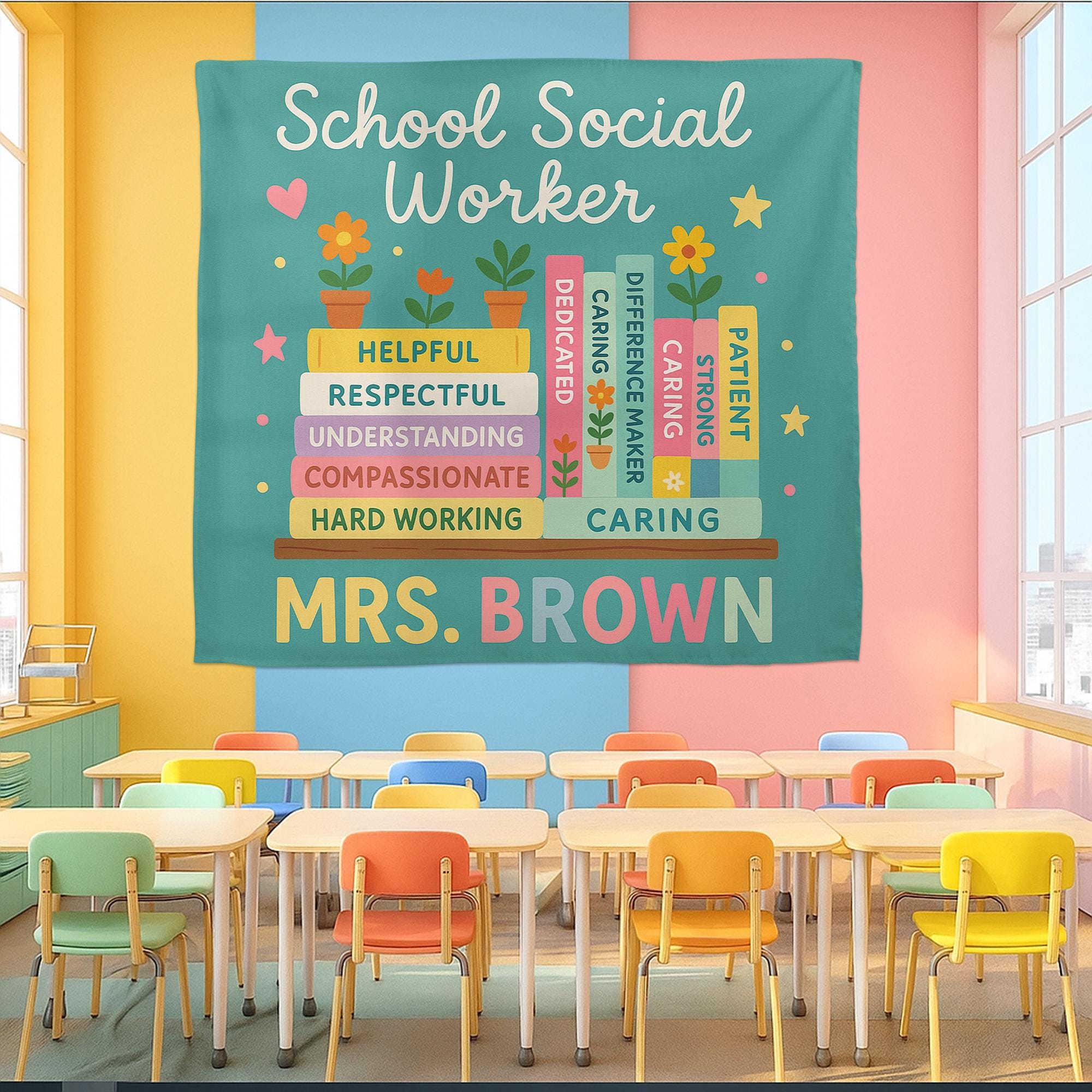 School Social Worker Tapestry, Office Wall Decor, Personalized Teacher Banner, Social Work Gift, Counselor Appreciation Sign