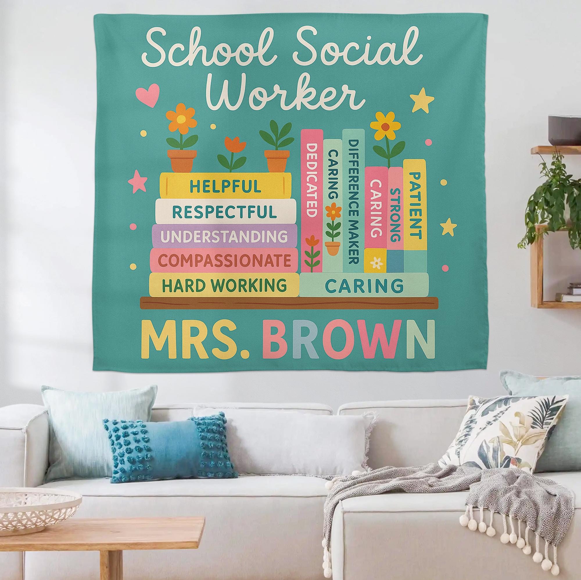 School Social Worker Tapestry, Office Wall Decor, Personalized Teacher Banner, Social Work Gift, Counselor Appreciation Sign