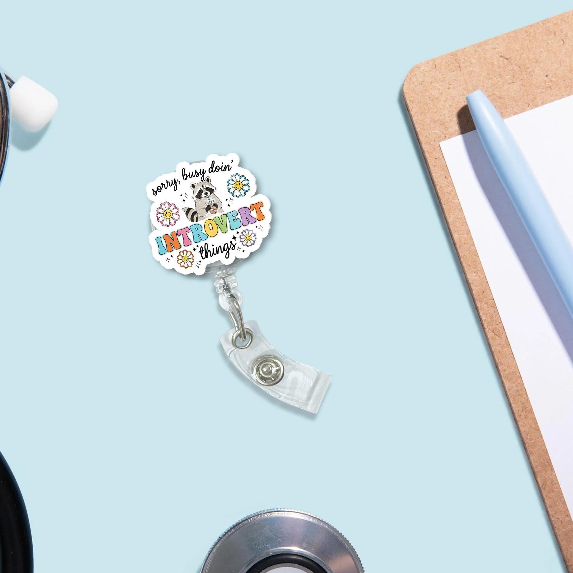 Introvert Things Badge Reel | Funny Raccoon ID Holder for Nurses & Teachers | Cute Floral Name Tag Clip | Social Anxiety Gift Idea