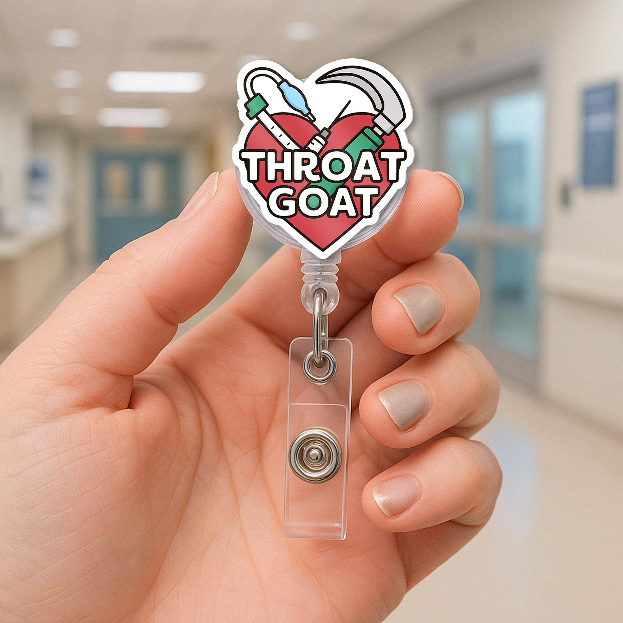 Throat Goat Badge Reel | Funny Airway Medical ID Holder | RT CRNA emt Nurse Gift | Intubation Humor Name Tag Clip for Hospital Staff