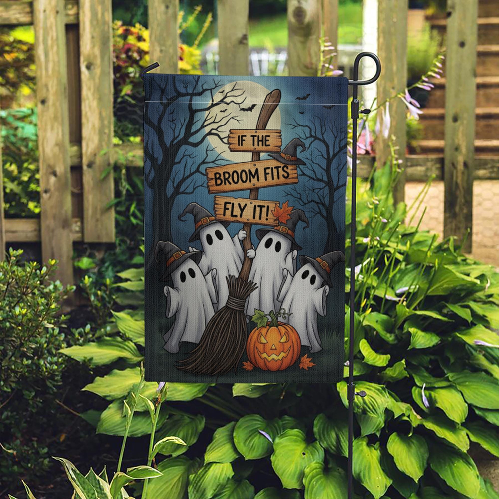 Funny Halloween Ghost Garden Flag | If the Broom Fits Fly It Witch Decor | Fall Yard Banner | Spooky Outdoor Lawn Decoration