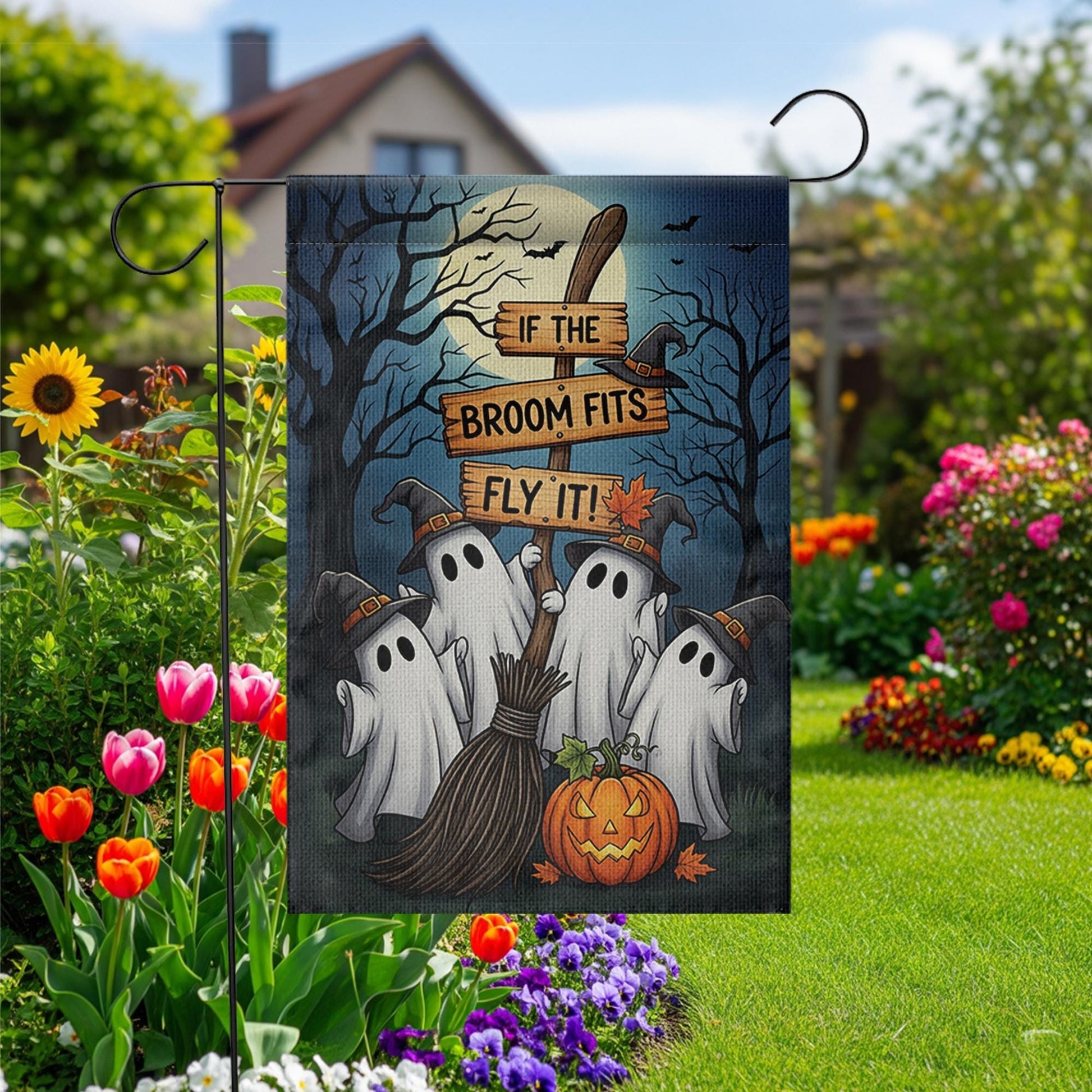 Funny Halloween Ghost Garden Flag | If the Broom Fits Fly It Witch Decor | Fall Yard Banner | Spooky Outdoor Lawn Decoration